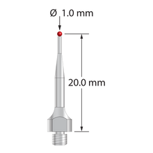 M3 Hexagon compatible stylus with 1.0 mm diameter ruby ball, tapered stainless steel stem and 5.0 mm diameter stainless steel base with 4.0 mm wrench flats for tightening. Stylus length to ball center is 20.0 mm. Compare to Hexagon M00-694-214-000.