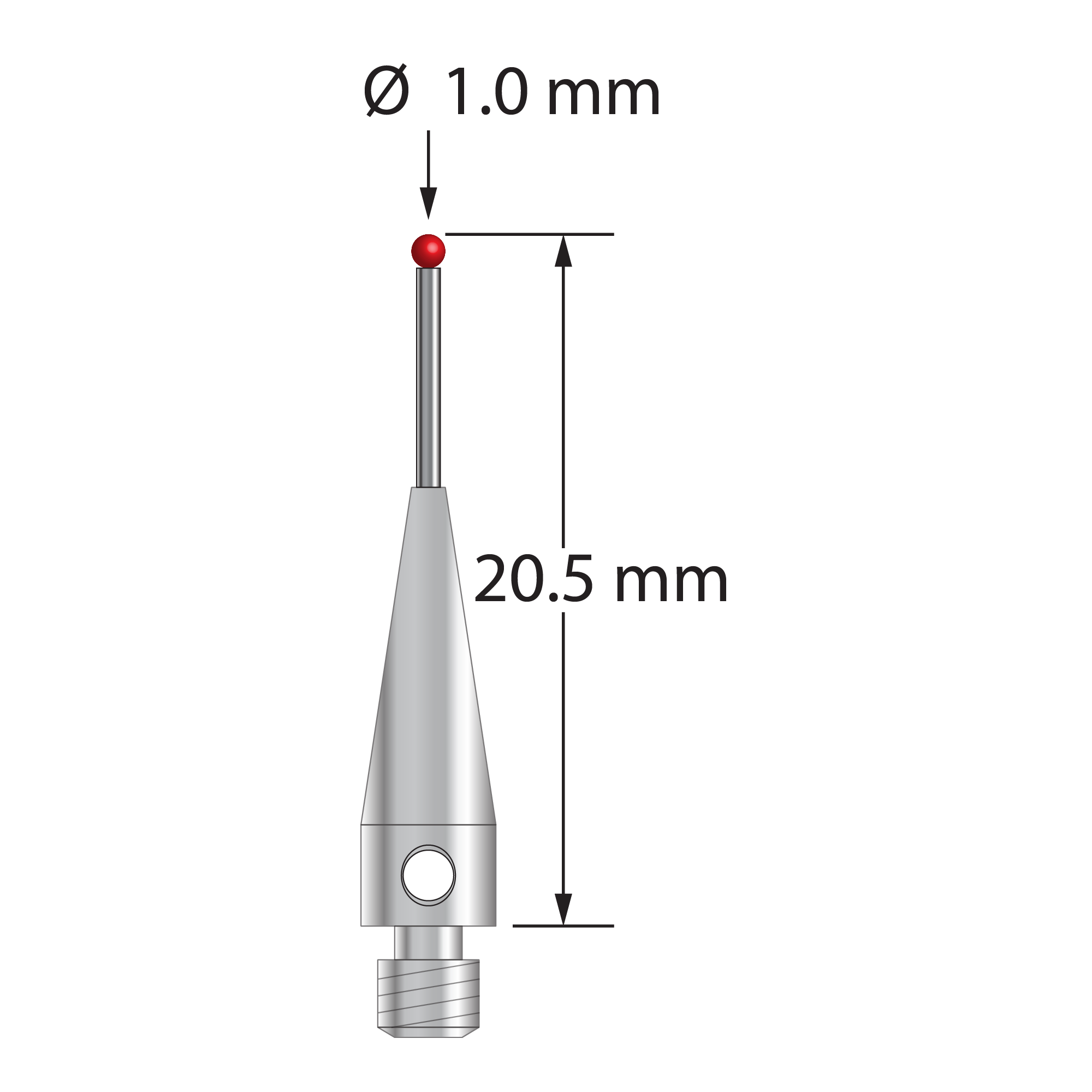 TM3-1020.5-07.5 M3 stylus with 1.0mm ruby ball, carbide stem, and stainless steel base.
