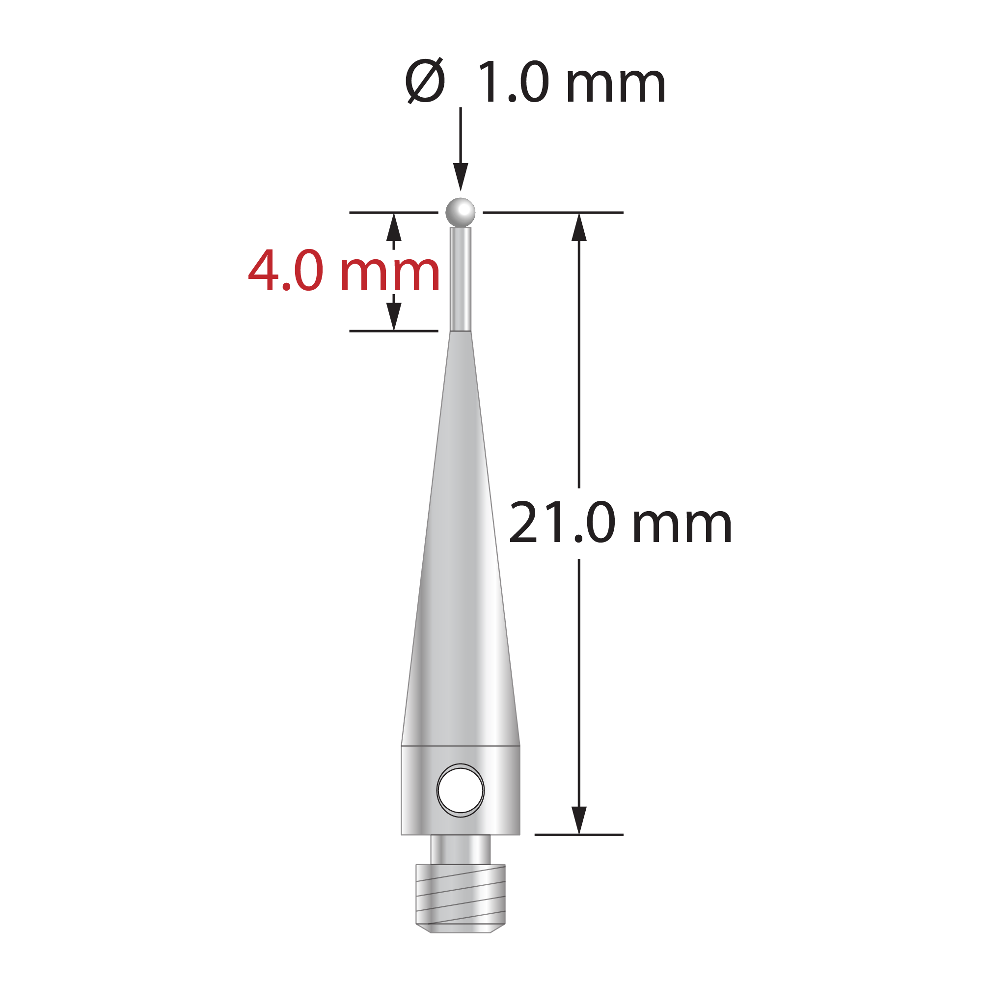 M3 stylus with 1.0 mm diameter zirconia ball, 0.7 mm diameter stainless steel stem, and 4.0 mm diameter x 17.0 mm long stainless steel body. Stylus length to ball center is 21.0 mm. Stylus weight is 0.93 gram.