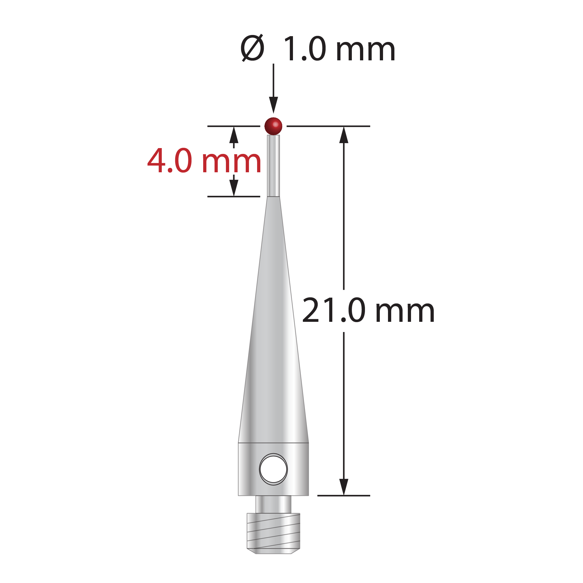 M3 stylus with 1.0 mm diameter ruby ball, 0.7 mm diameter stainless steel stem, and stainless steel body. Stylus length to ball center is 21.0 mm. Stylus weight is 0.93 gram. Compare to Renishaw A-5000-3551, Carbide Probes 261-1R, and Mitutoyo K651146.