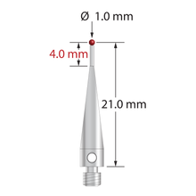 M3 stylus with 1.0 mm diameter ruby ball, 0.7 mm diameter stainless steel stem, and stainless steel body. Stylus length to ball center is 21.0 mm. Stylus weight is 0.93 gram. Compare to Renishaw A-5000-3551, Carbide Probes 261-1R, and Mitutoyo K651146.