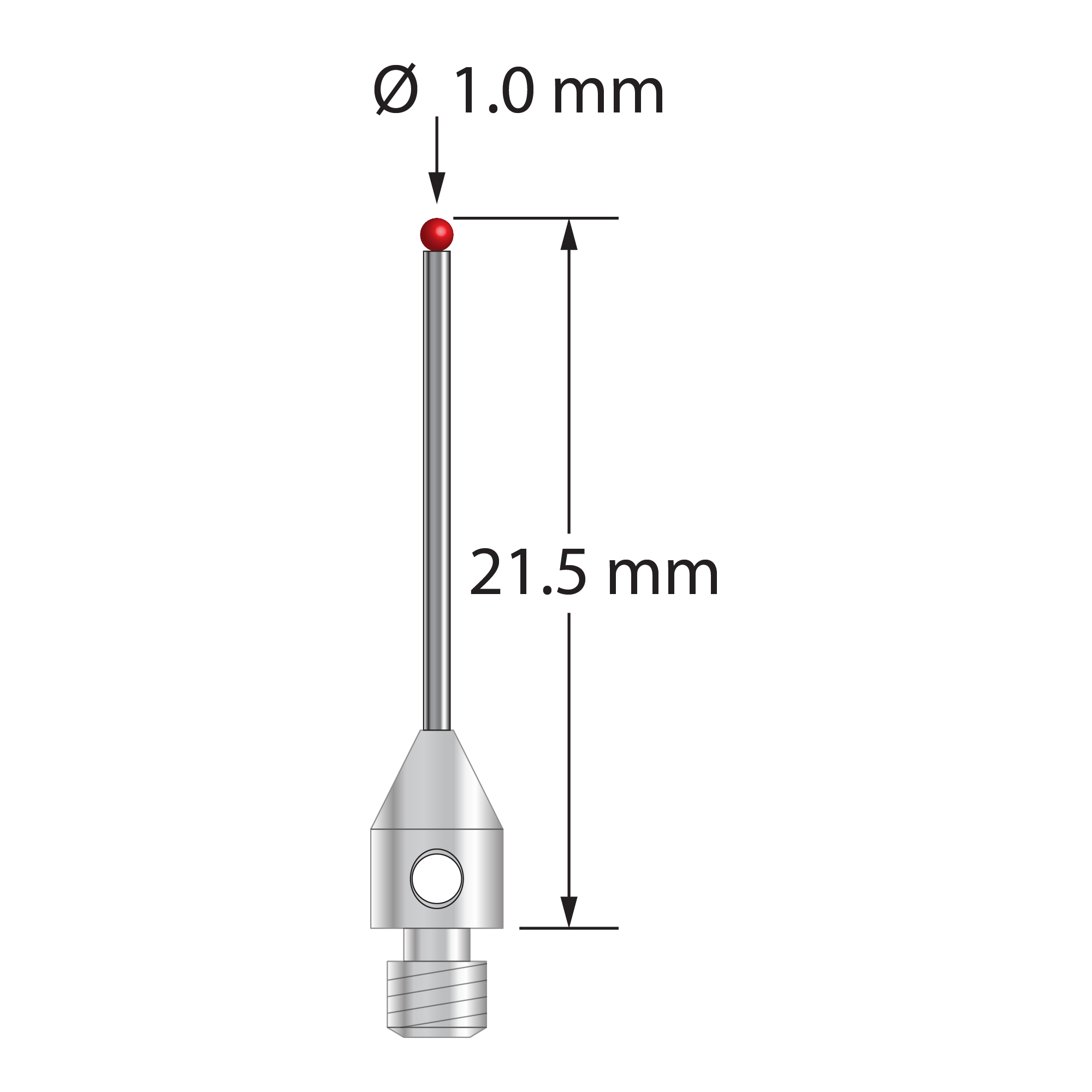 M3 stylus with 1.0 mm diameter ruby ball, 0.8 mm diameter carbide stem, and 4.0 mm diameter x 6.0 mm long stainless steel base. Overall stylus length is 21.5 mm. Stylus weight is 0.64 gram. Compare to Carbide Probes 261-1RL.