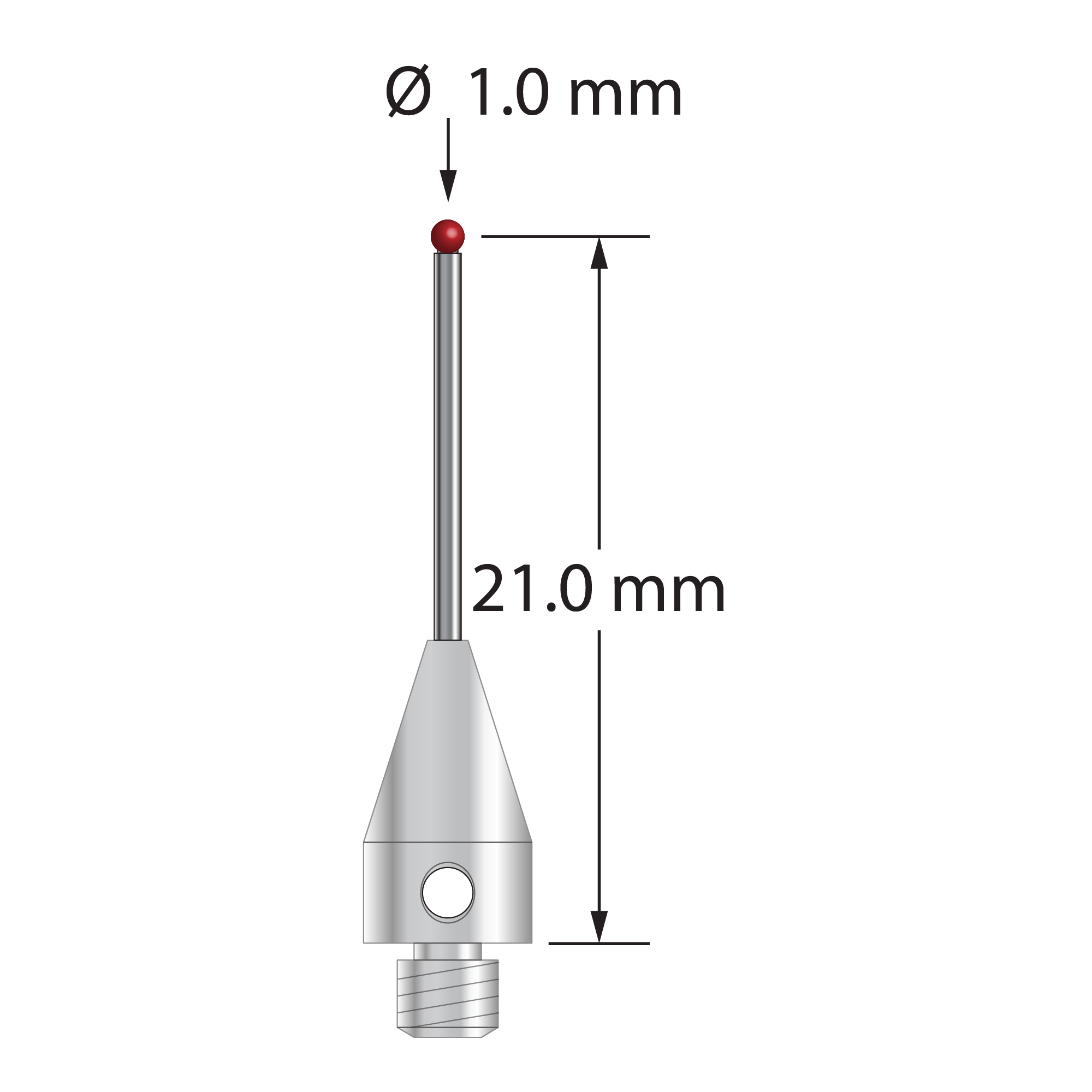 M3 XXT stylus with 1.0 mm diameter ruby ball, 0.8 mm diameter carbide stem, and 5.0 mm diameter x 9.0 mm long titanium base. Stylus length to ball center is 21.0 mm. Stylus weight is 0.72 gram. Compare to Zeiss 626113-0102-022.