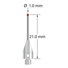 M3 XXT stylus with 1.0 mm diameter ruby ball, 0.8 mm diameter carbide stem, and 5.0 mm diameter x 9.0 mm long titanium base. Stylus length to ball center is 21.0 mm. Stylus weight is 0.72 gram. Compare to Zeiss 626113-0102-022.