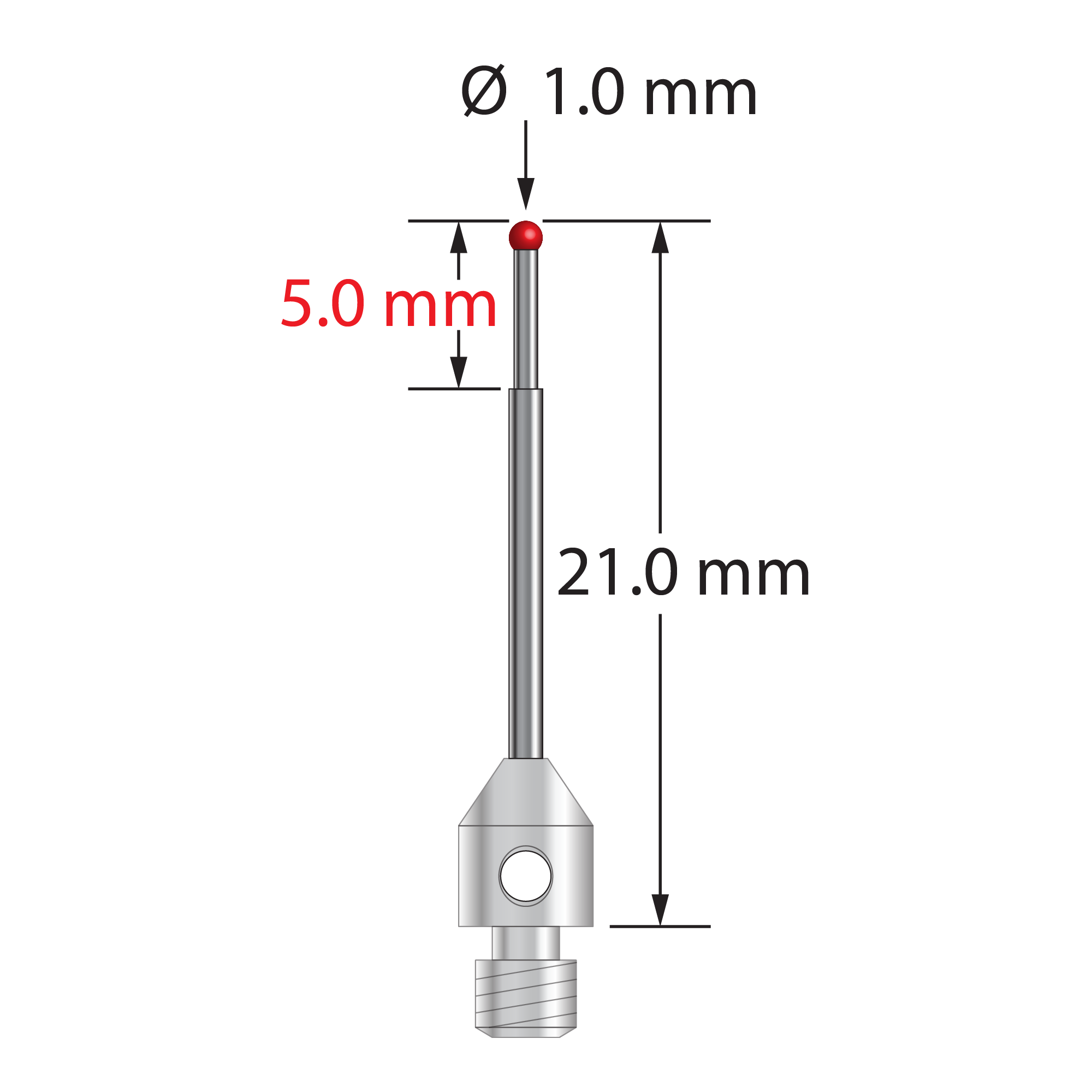 M3 stylus with 1.0 mm diameter ruby ball, stepped carbide stem, and 4.0 mm diameter x 5.0 mm long stainless steel base. Minor stem diameter is 0.7 mm; major diameter is 1.0 mm. Stylus length to ball center is 20.0 mm. Stylus weight is 0.70 gram.