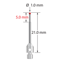 M3 stylus with 1.0 mm diameter ruby ball, stepped carbide stem, and 4.0 mm diameter x 5.0 mm long stainless steel base. Minor stem diameter is 0.7 mm; major diameter is 1.0 mm. Stylus length to ball center is 20.0 mm. Stylus weight is 0.70 gram.