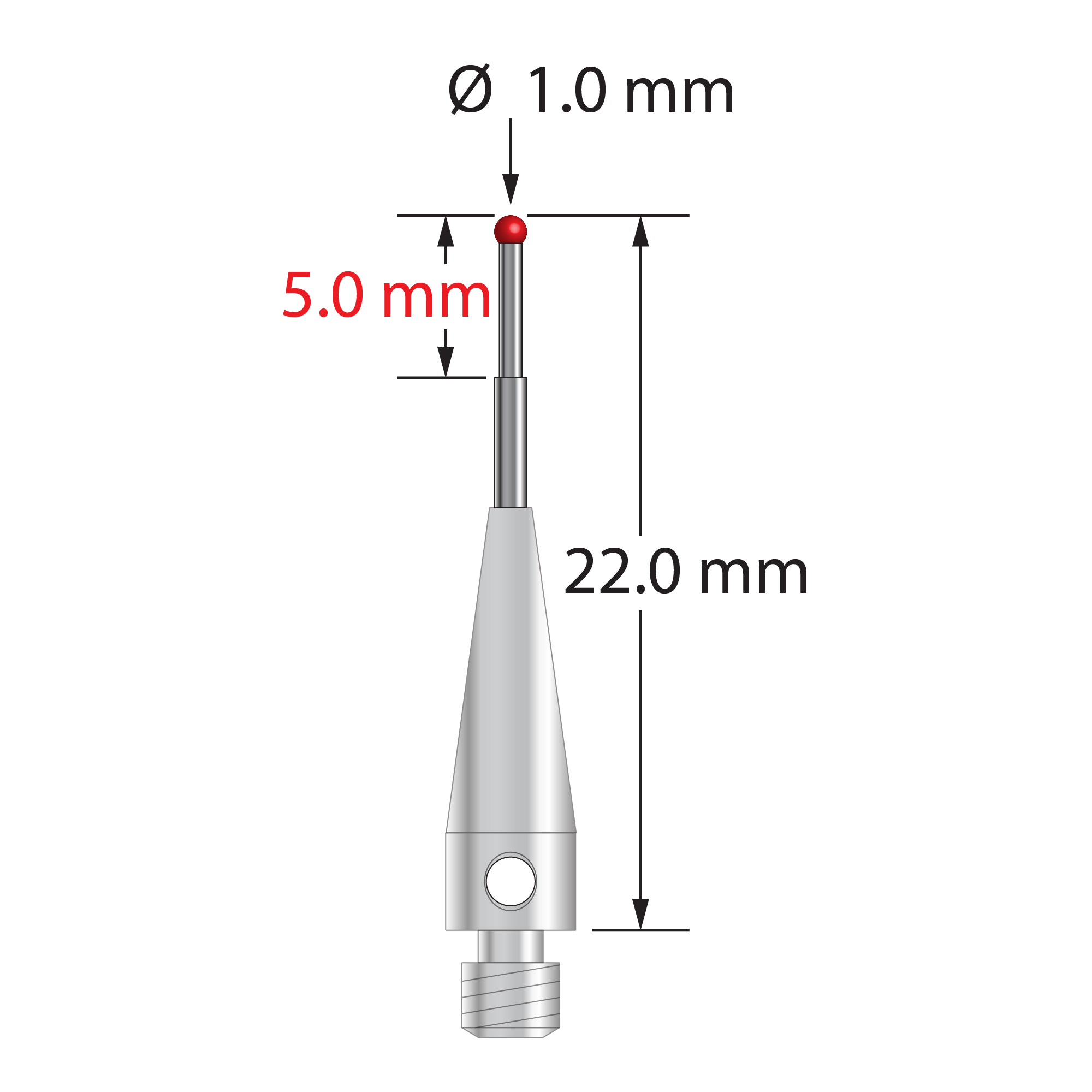 M3 stylus with 1.0 mm diameter ruby ball, stepped carbide stem, and 4.0 mm diameter x 13.0 mm long stainless steel base. Minor stem diameter is 0.8 mm; major diameter is 1.0 mm. Overall length is 22.0 mm. Stylus weight is 0.95 gram. Compare to Zeiss 602030-8118-000 and Mitutoyo K651102.