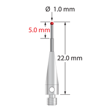 M3 stylus with 1.0 mm diameter ruby ball, stepped carbide stem, and 4.0 mm diameter x 13.0 mm long stainless steel base. Minor stem diameter is 0.8 mm; major diameter is 1.0 mm. Overall length is 22.0 mm. Stylus weight is 0.95 gram. Compare to Zeiss 602030-8118-000 and Mitutoyo K651102.