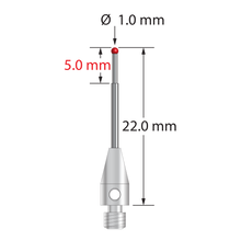 M3 stylus with 1.0 mm diameter ruby ball, stepped carbide stem, and 4.0 mm diameter x 8.0 mm long stainless steel base. Minor stem diameter is 0.7 mm; major diameter is 1.0 mm. Overall length is 22.0 mm. Stylus weight is 0.69 gram.