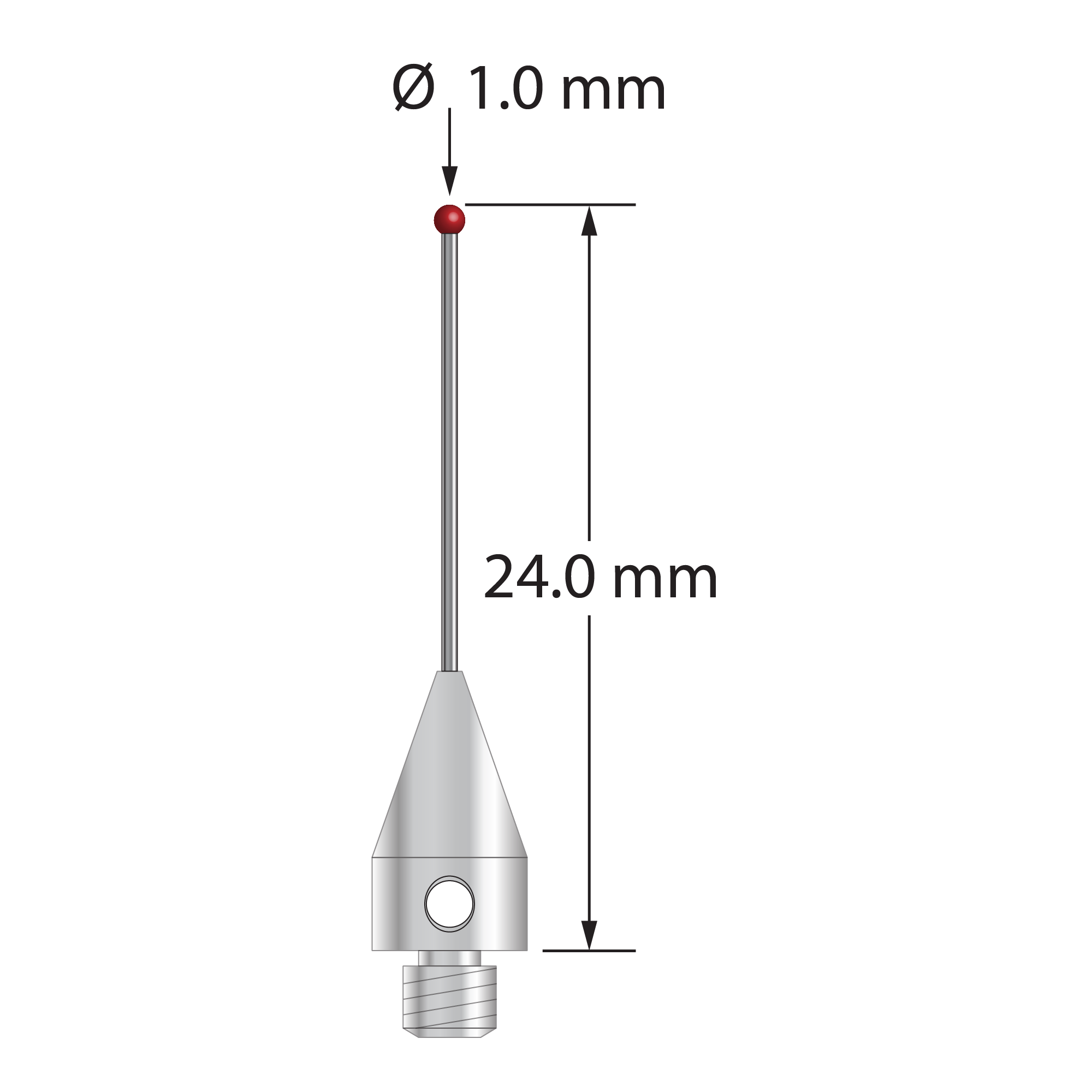 M3 XXT stylus with 1.0 mm diameter ruby ball, 0.5 mm diameter carbide stem, and 5.0 mm diameter x 9.0 mm long titanium base. Overall stylus length is 24.0 mm. Stylus weight is 0.68 gram. Compare to Zeiss 626113-0100-024.