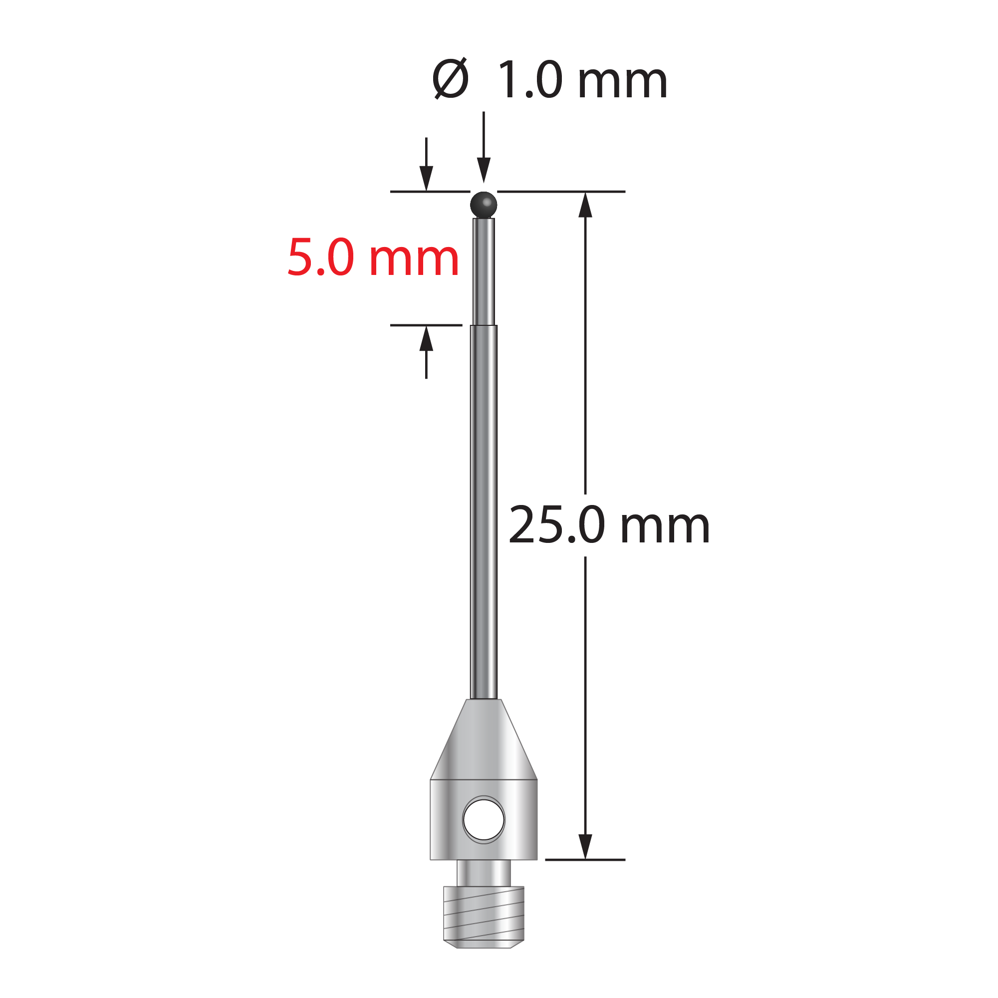 TM3-1025-06-SN M3 stylus with 1.0mm silicon nitride ball, carbide stem, and stainless steel base by Q-Mark Manufacturing, Inc.
