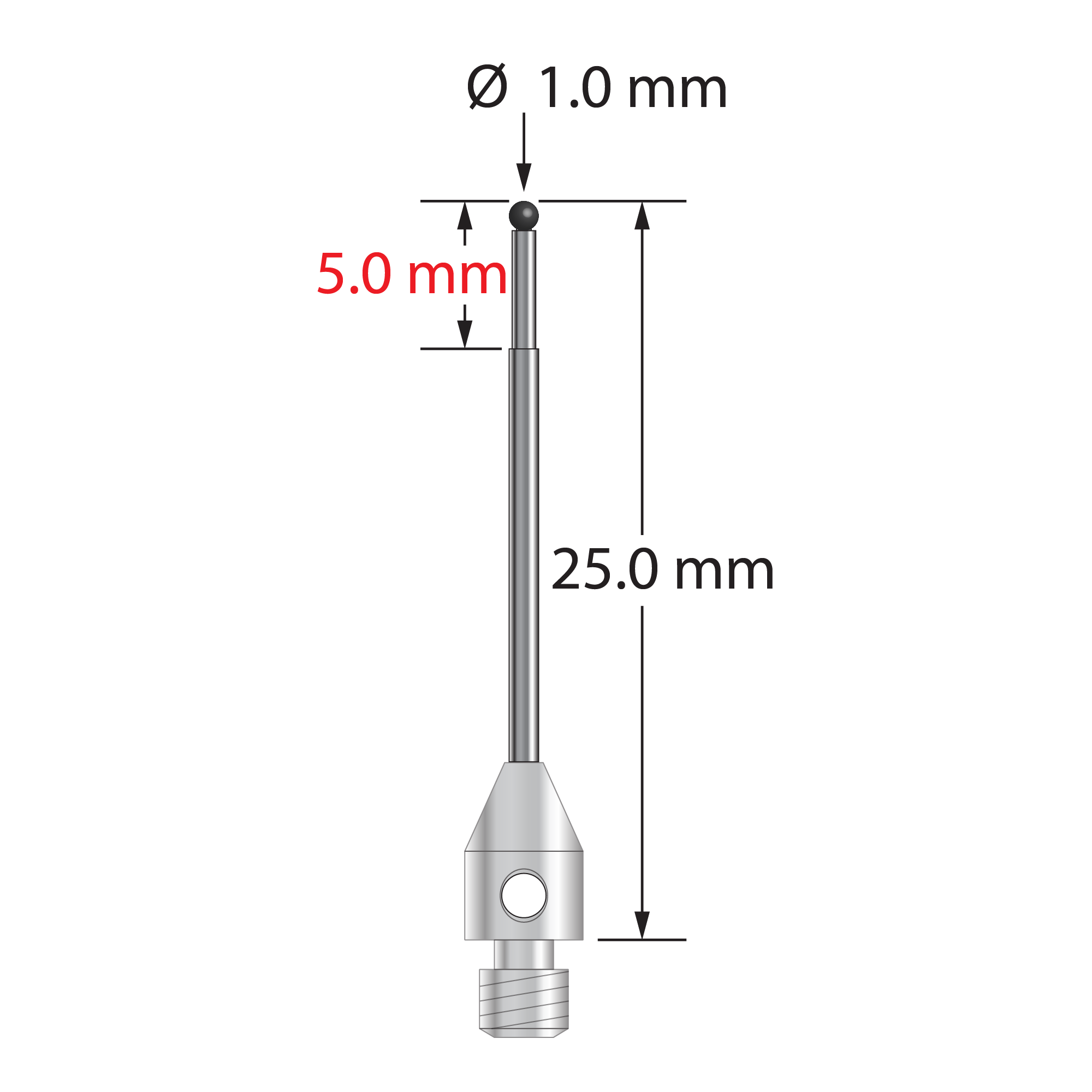 M3 stylus with 1.0 mm diameter silicon nitride ball, stepped carbide stem, and 4.0 mm diameter x 6.0 mm long stainless steel base. Minor stem diameter is 0.8 mm, major diameter is 1.0 mm. Overall length is 25.0 mm. Stylus weight is 0.74 gram. Compare to Zeiss 626123-0045-025.
