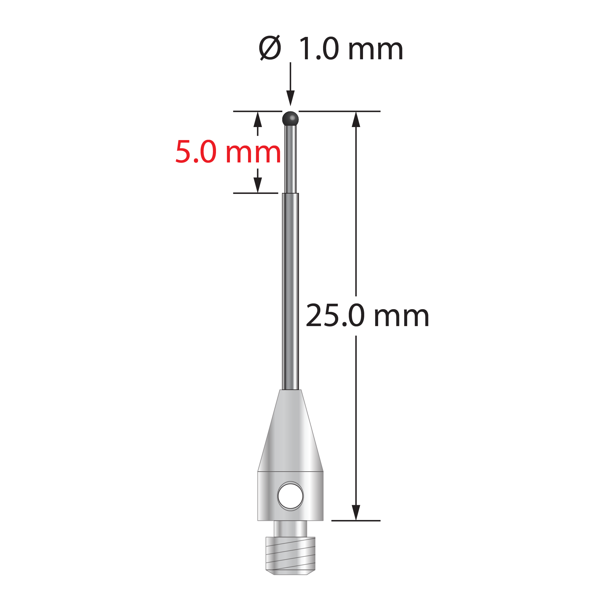 M3 stylus with 1.0 mm diameter silicon nitride ball, stepped carbide stem, and 4.0 mm diameter x 8.0 mm long stainless steel base. Minor stem diameter is 0.7 mm, major diameter is 1.0 mm. Overall length is 25.0 mm. Stylus weight is 0.74 gram.