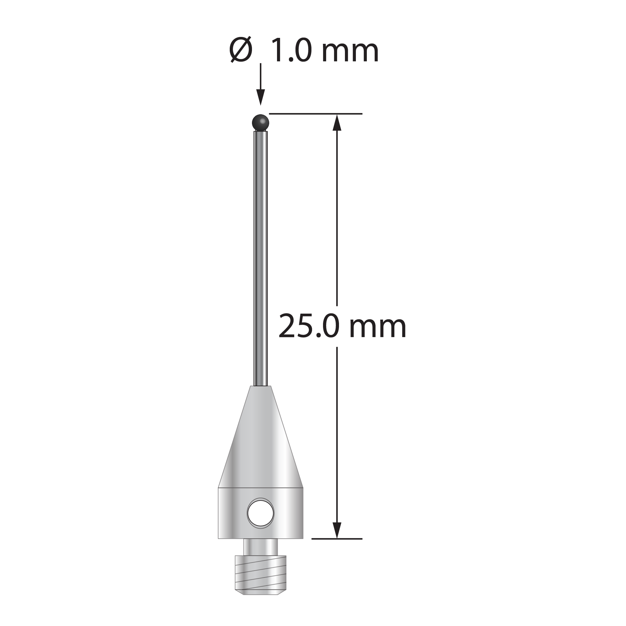 M3 XXT stylus with 1.0 mm diameter silicon nitride ball, 0.8 mm diameter carbide stem, and 5.0 mm diameter x 9.0 mm long titanium base. Overall stylus length is 25.0 mm. Stylus weight is 0.75 gram.