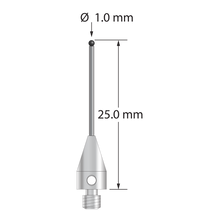 M3 XXT stylus with 1.0 mm diameter silicon nitride ball, 0.8 mm diameter carbide stem, and 5.0 mm diameter x 9.0 mm long titanium base. Overall stylus length is 25.0 mm. Stylus weight is 0.75 gram.