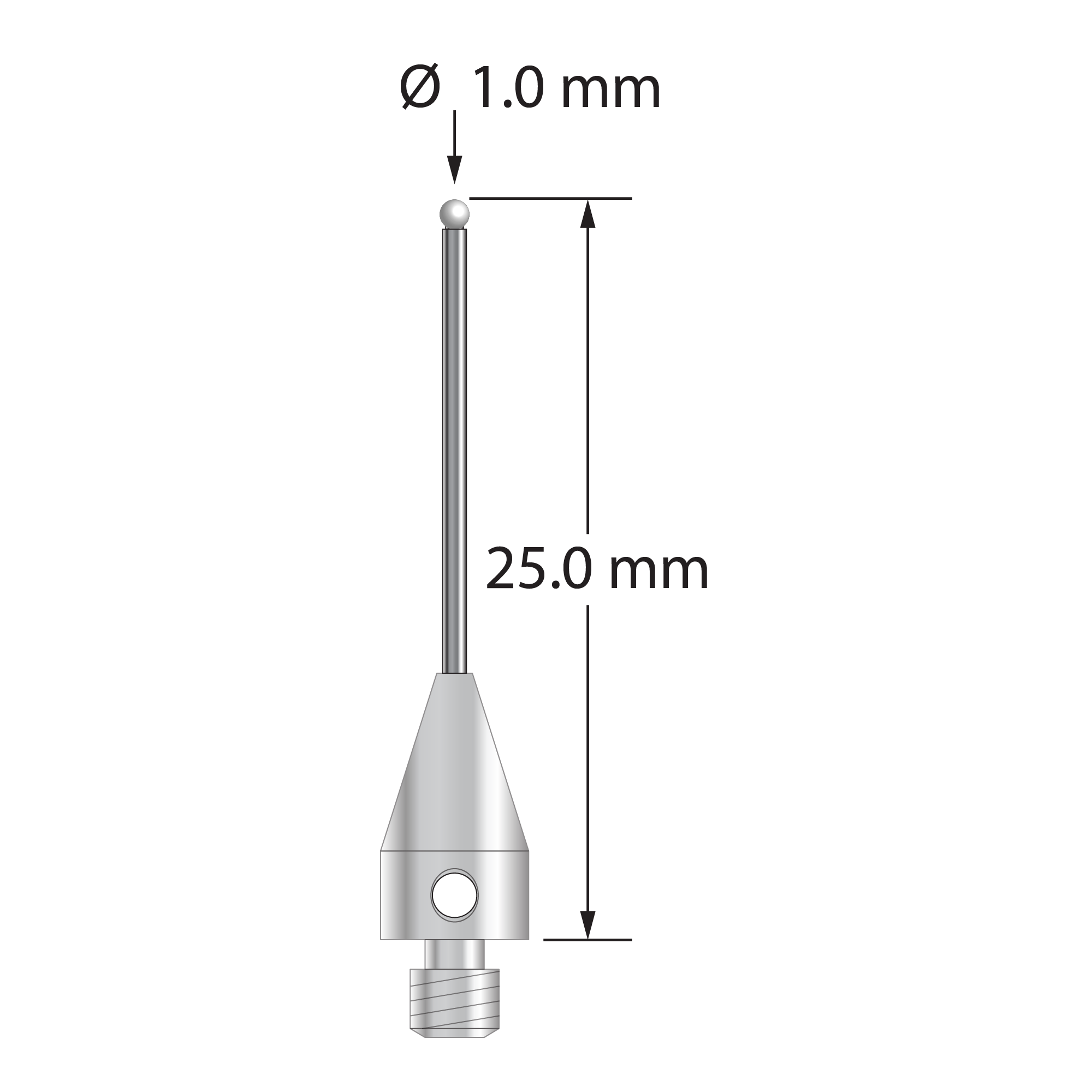 M3 XXT stylus with 1.0 mm diameter zirconia ball, 0.8 mm diameter carbide stem, and 5.0 mm diameter x 9.0 mm long titanium base. Overall stylus length is 25.0 mm. Stylus weight is 0.75 gram.