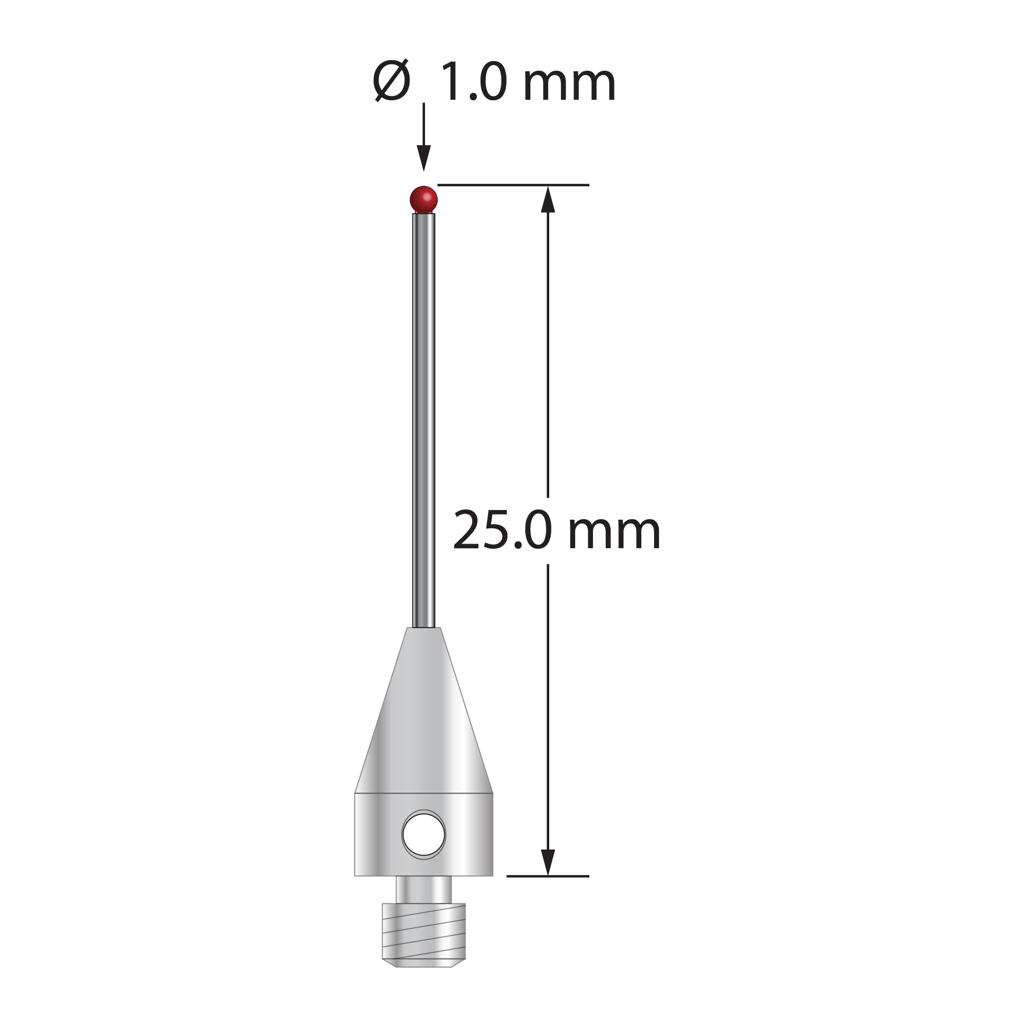 M3 XXT stylus with 1.0 mm diameter ruby ball, 0.8 mm diameter carbide stem, and 5.0 mm diameter x 9.0 mm long titanium base. Overall stylus length is 25.0 mm. Stylus weight is 0.75 gram.