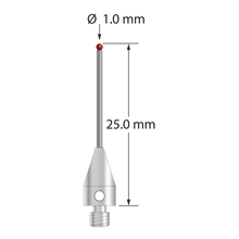 M3 XXT stylus with 1.0 mm diameter ruby ball, 0.8 mm diameter carbide stem, and 5.0 mm diameter x 9.0 mm long titanium base. Overall stylus length is 25.0 mm. Stylus weight is 0.75 gram.