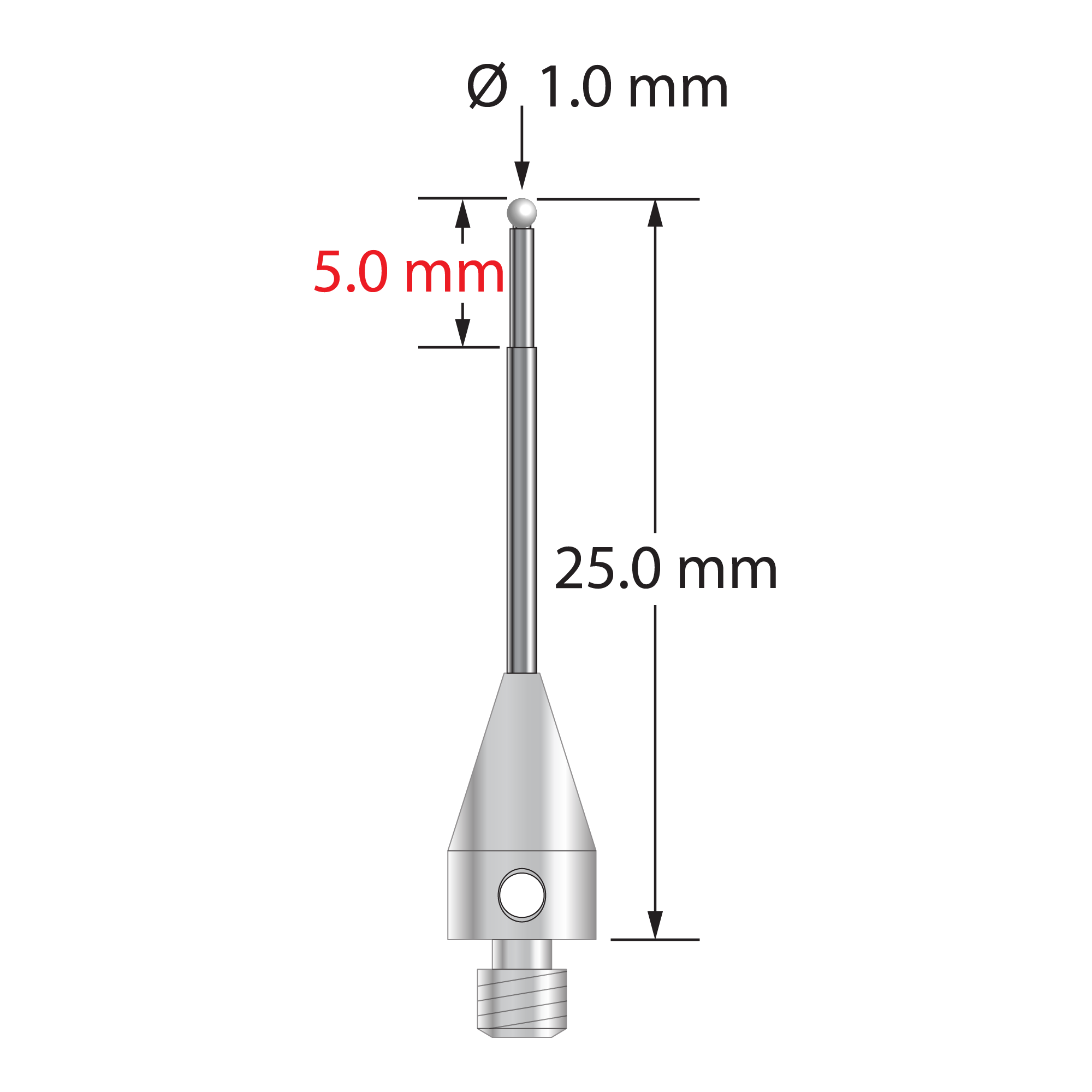 M3 XXT stylus with 1.0 mm diameter zirconia ball, stepped carbide stem, and 5.0 mm diameter x 9.0 mm long titanium base. Minor stem diameter is 0.8 mm; major diameter is 1.0 mm. Overall stylus length is 25.0 mm. Stylus weight is 0.71 gram.
