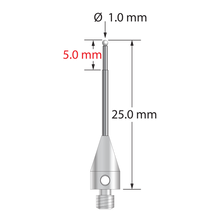 M3 XXT stylus with 1.0 mm diameter zirconia ball, stepped carbide stem, and 5.0 mm diameter x 9.0 mm long titanium base. Minor stem diameter is 0.8 mm; major diameter is 1.0 mm. Overall stylus length is 25.0 mm. Stylus weight is 0.71 gram.