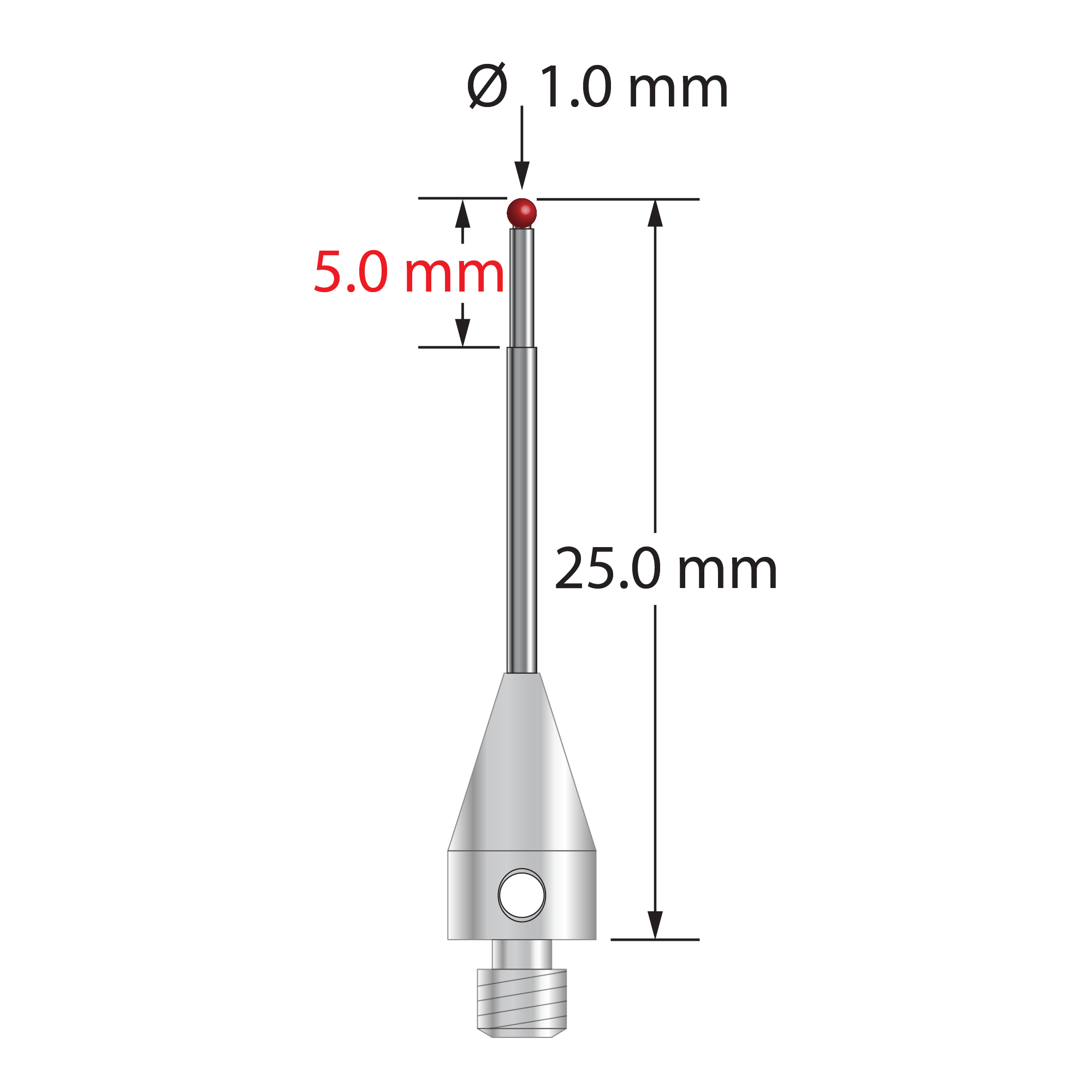 M3 XXT stylus with 1.0 mm diameter ruby ball, stepped carbide stem, and 5.0 mm diameter x 9.0 mm long titanium base. Major stem diameter is 1.0 mm; minor diameter is 0.8 mm. Overall stylus length is 25.0 mm. Stylus weight is 0.71 gram. Compare to Zeiss 626113-0100-025.