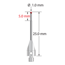 M3 XXT stylus with 1.0 mm diameter ruby ball, stepped carbide stem, and 5.0 mm diameter x 9.0 mm long titanium base. Major stem diameter is 1.0 mm; minor diameter is 0.8 mm. Overall stylus length is 25.0 mm. Stylus weight is 0.71 gram. Compare to Zeiss 626113-0100-025.