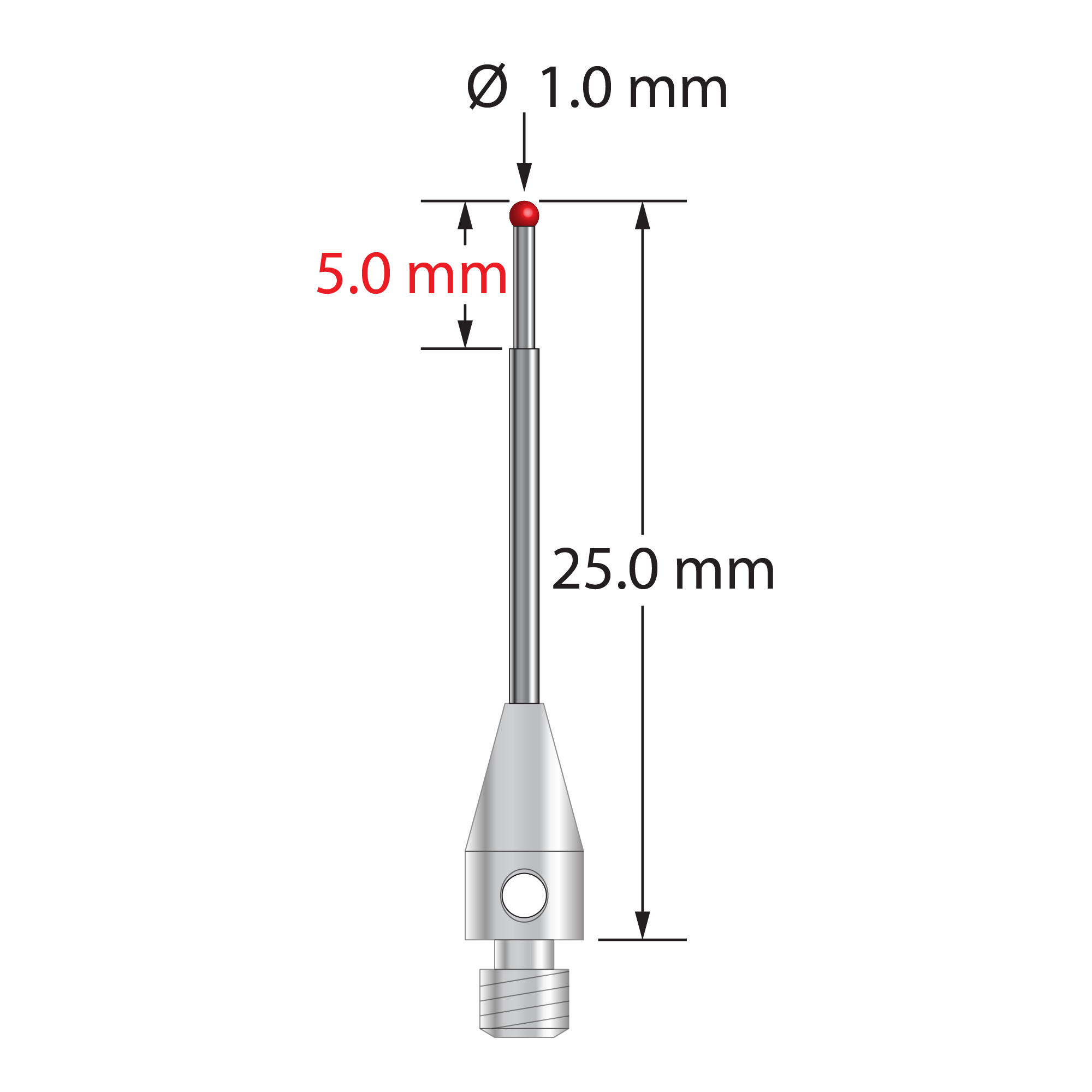 M3 stylus with 1.0 mm diameter ruby ball, stepped carbide stem, and 4.0 mm diameter x 8.0 mm long stainless steel base. Minor stem diameter is 0.7 mm; major diameter is 1.0 mm. Overall stylus length is 25.0 mm. Stylus weight is 0.74 gram.