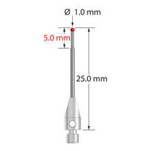 M3 stylus with 1.0 mm diameter ruby ball, stepped carbide stem, and 4.0 mm diameter x 8.0 mm long stainless steel base. Minor stem diameter is 0.7 mm; major diameter is 1.0 mm. Overall stylus length is 25.0 mm. Stylus weight is 0.74 gram.