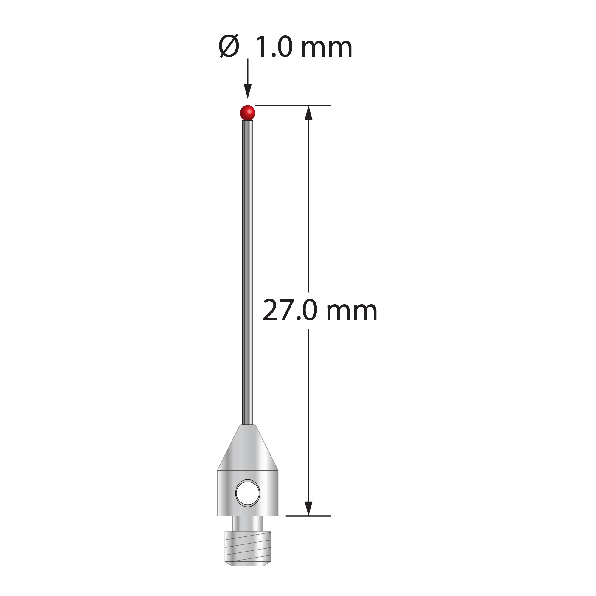 M3 stylus with 1.0 mm diameter ruby ball, 0.8 mm diameter carbide stem, and 4.0 mm diameter x 6.0 mm long stainless steel base. Overall stylus length is 27.0 mm. Stylus weight is 0.65 gram.
