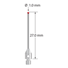 M3 stylus with 1.0 mm diameter ruby ball, 0.8 mm diameter carbide stem, and 4.0 mm diameter x 6.0 mm long stainless steel base. Overall stylus length is 27.0 mm. Stylus weight is 0.65 gram.
