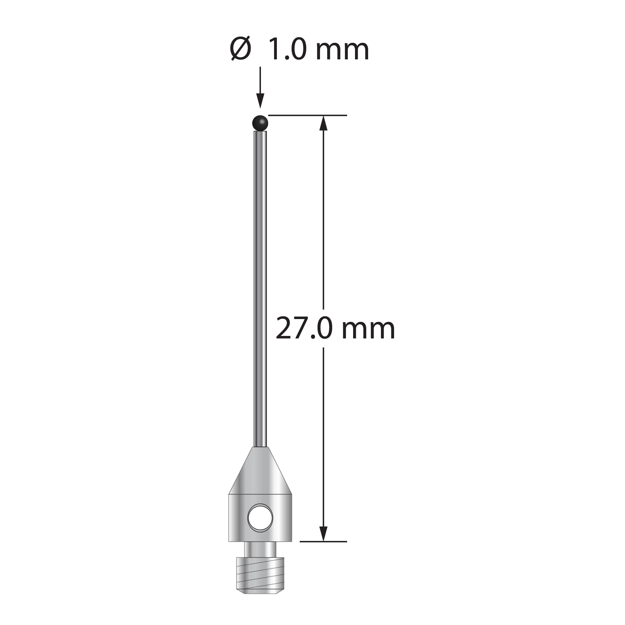 M3 stylus with 1.0 mm diameter silicon nitride ball, 0.8 mm diameter carbide stem, and 4.0 mm diameter x 6.0 mm long stainless steel base. Overall stylus length is 27.0 mm. Stylus weight is 0.68 gram.