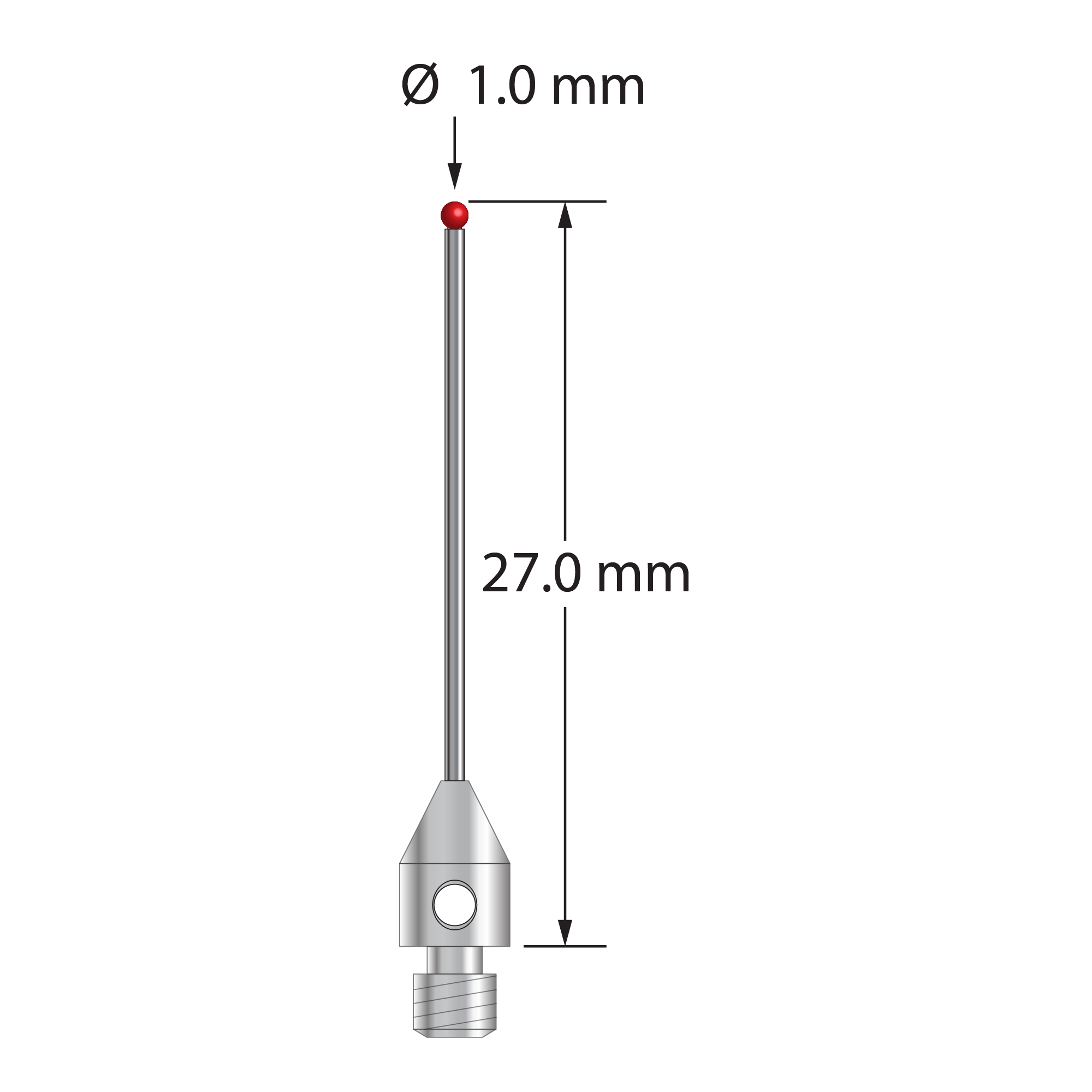 TM3-1027-DS.7 M3 stylus with 1.0mm ruby ball, carbide stem, and stainless steel base, 27.0mm long by Q-Mark Manufacturing, Inc.