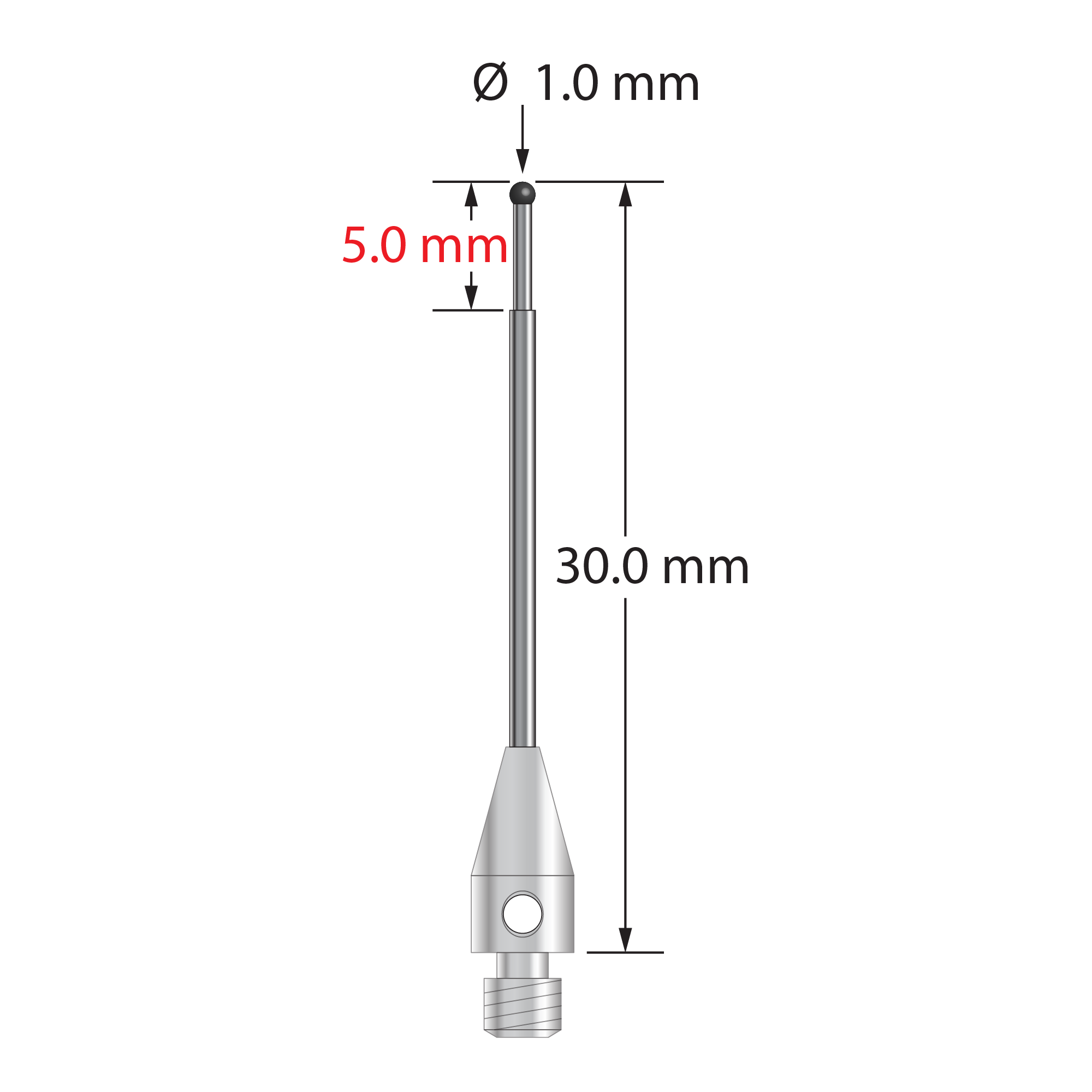 M3 stylus with 1.0 mm diameter silicon nitride ball, stepped carbide stem, and 4.0 mm diameter x 8.0 mm long stainless steel base. Minor stem diameter is 0.7 mm; major diameter is 1.0 mm. Overall length is 30.0 mm. Stylus weight is 0.86 gram.
