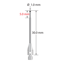 M3 stylus with 1.0 mm diameter silicon nitride ball, stepped carbide stem, and 4.0 mm diameter x 8.0 mm long stainless steel base. Minor stem diameter is 0.7 mm; major diameter is 1.0 mm. Overall length is 30.0 mm. Stylus weight is 0.86 gram.