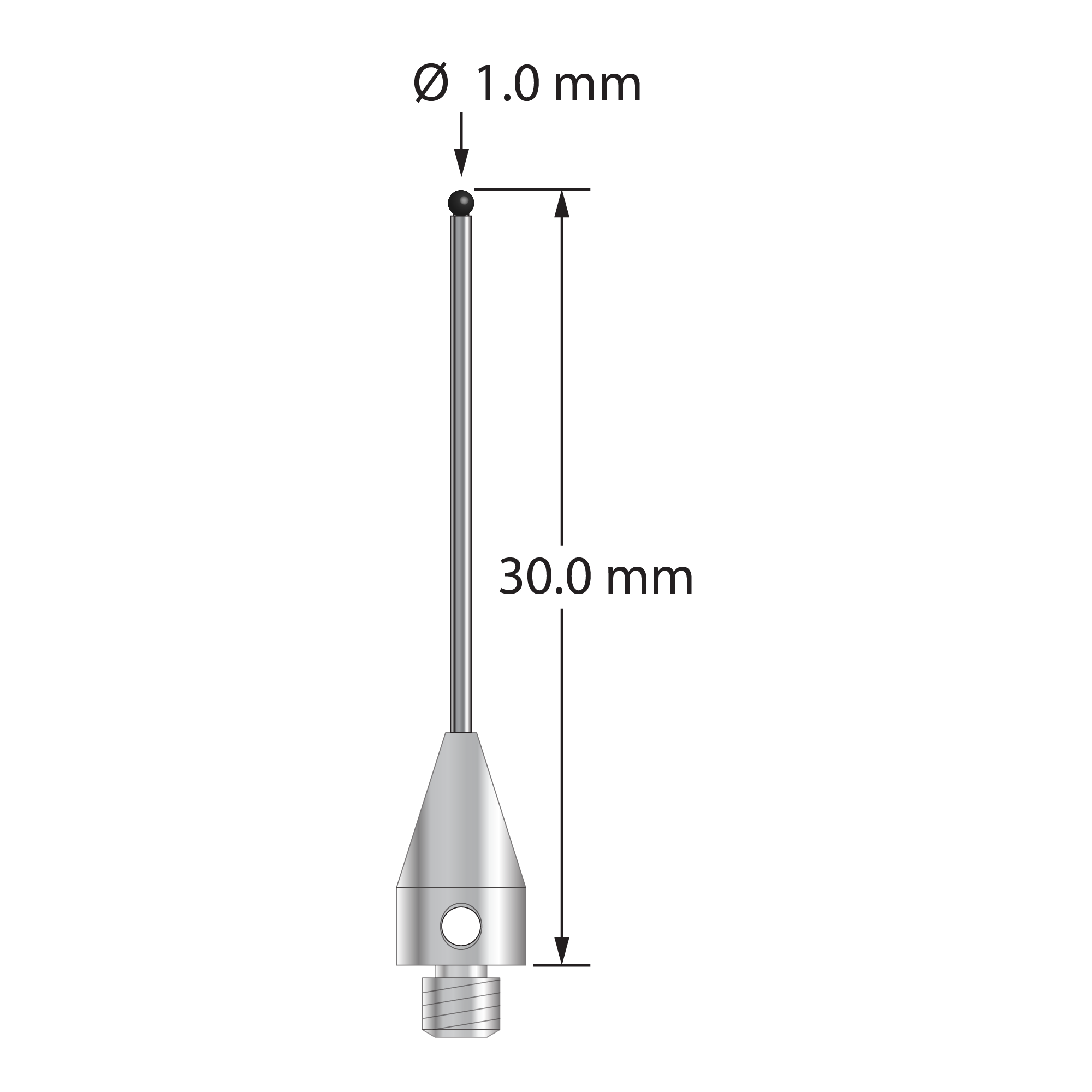 TM3-1030-TX-8-SN M3 1.0mm silicon nitride ball stylus with carbide stem and titanium base, 30.0mm long by Q-Mark Manufacturing, Inc.