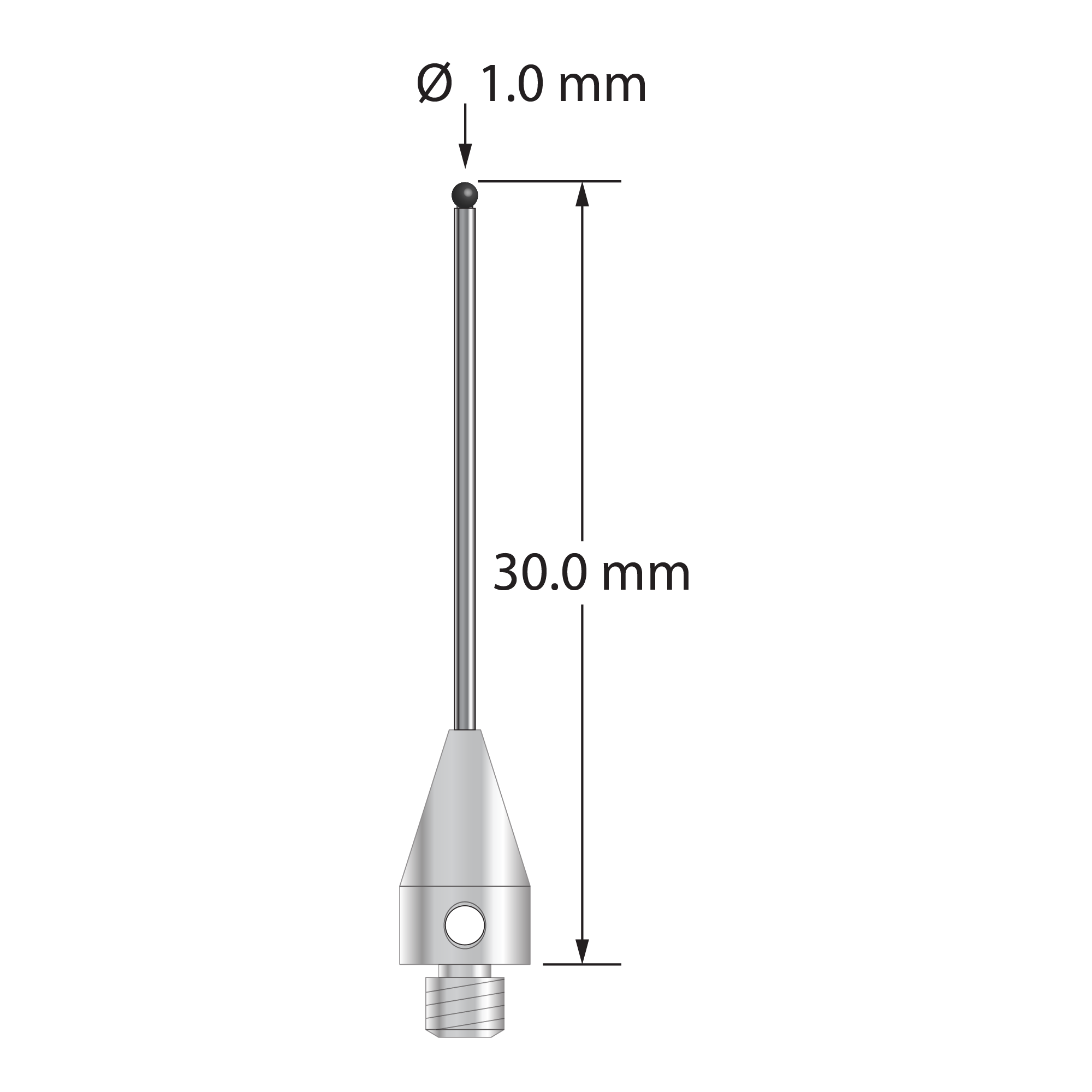 M3 XXT stylus with 1.0 mm diameter silicon nitride ball, 0.8 mm diameter carbide stem, and 5.0 mm diameter x 9.0 mm long titanium base. Overall stylus length is 30.0 mm. Stylus weight is 0.78 gram. Compare to Zeiss 626113-0103-030.