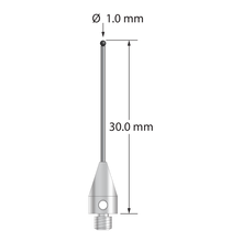 M3 XXT stylus with 1.0 mm diameter silicon nitride ball, 0.8 mm diameter carbide stem, and 5.0 mm diameter x 9.0 mm long titanium base. Overall stylus length is 30.0 mm. Stylus weight is 0.78 gram. Compare to Zeiss 626113-0103-030.