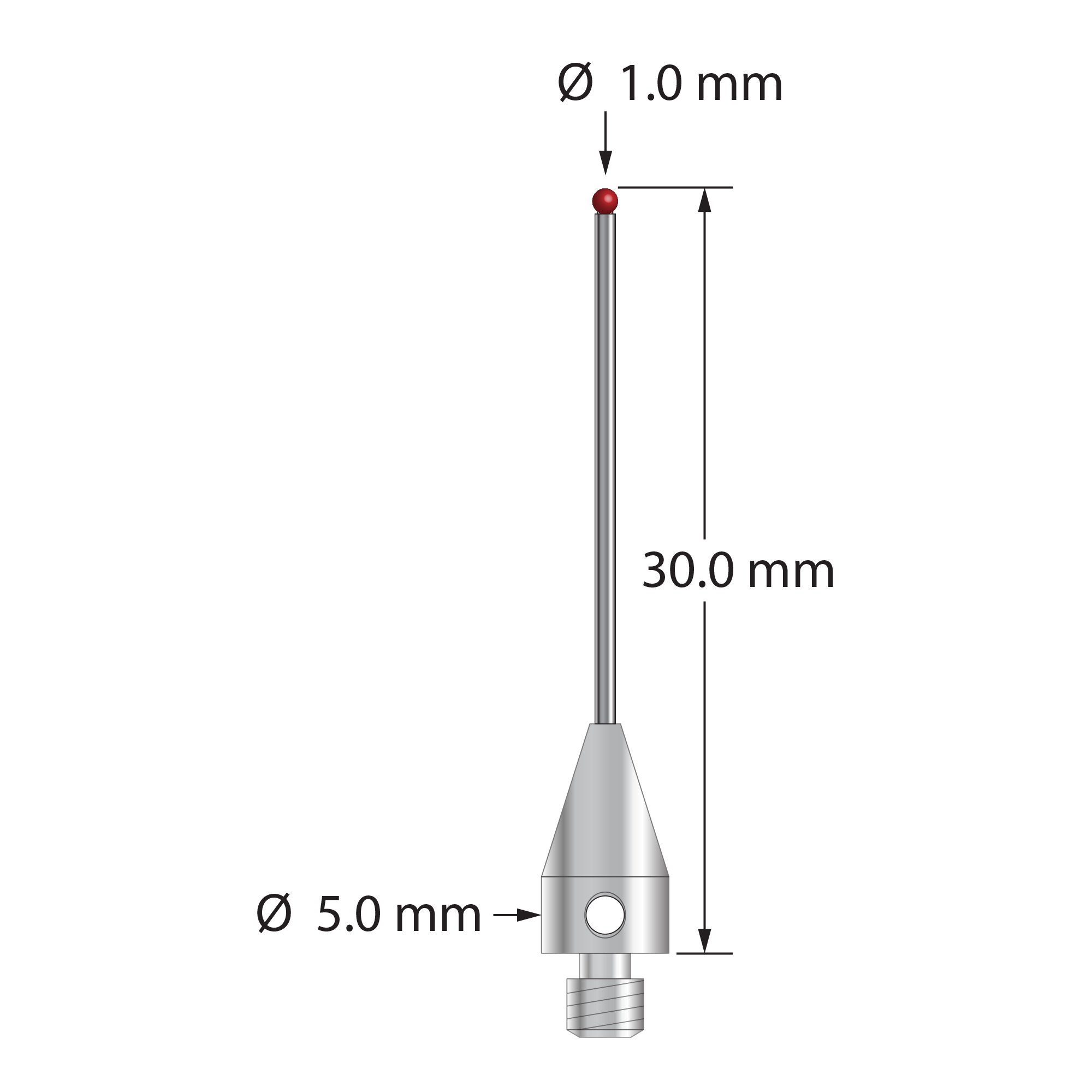 M3 XXT stylus with 1.0 mm diameter ruby ball, 0.8 mm diameter carbide stem, and 5.0 mm diameter x 9.0 mm long titanium base. Overall stylus length is 30.0 mm. Stylus weight is 0.78 gram. Compare to Zeiss 626113-0101-030.
