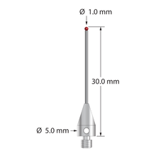 M3 XXT stylus with 1.0 mm diameter ruby ball, 0.8 mm diameter carbide stem, and 5.0 mm diameter x 9.0 mm long titanium base. Overall stylus length is 30.0 mm. Stylus weight is 0.78 gram. Compare to Zeiss 626113-0101-030.