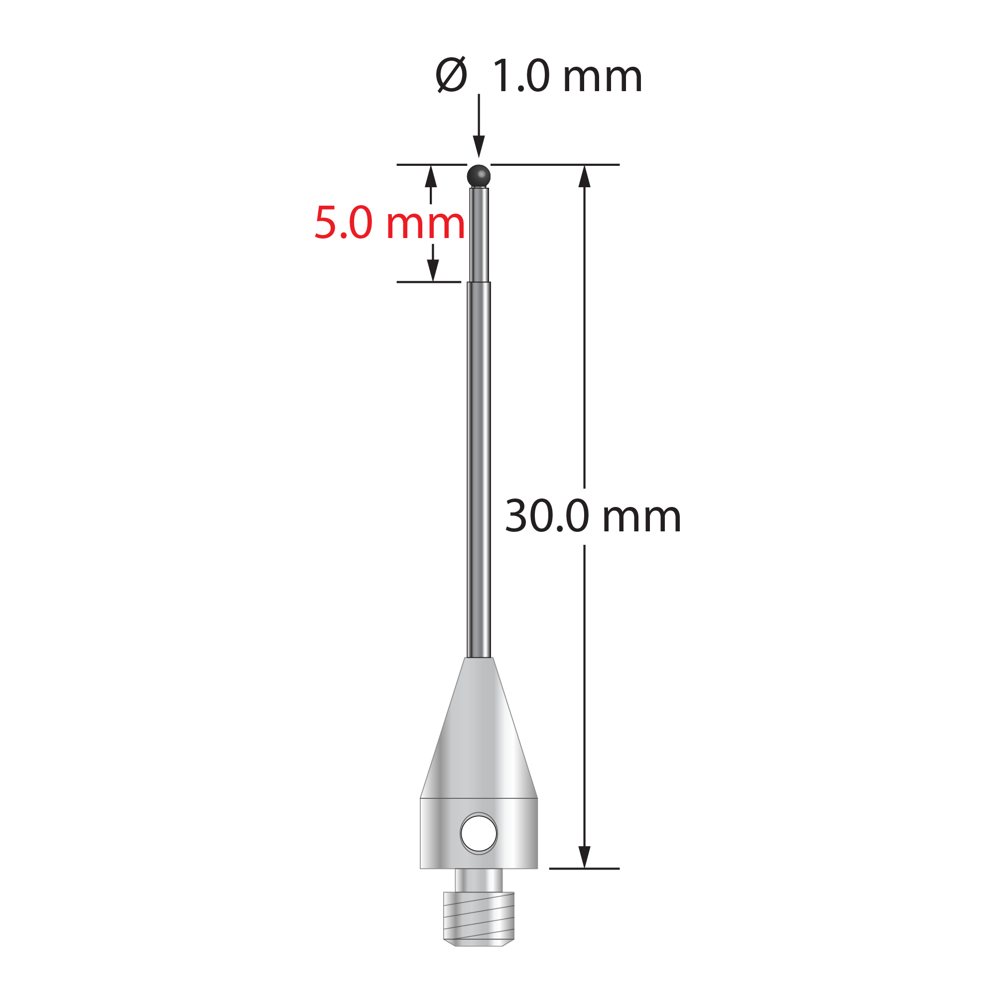 M3 XXT stylus with 1.0 mm diameter silicon nitride ball, stepped carbide stem, and 5.0 mm diameter x 9.0 mm long titanium base. Minor stem diameter is 0.8 mm; major diameter is 1.0 mm. Overall stylus length is 30.0 mm. Stylus weight is 0.76 gram. Compare to Zeiss 626113-0105-030.