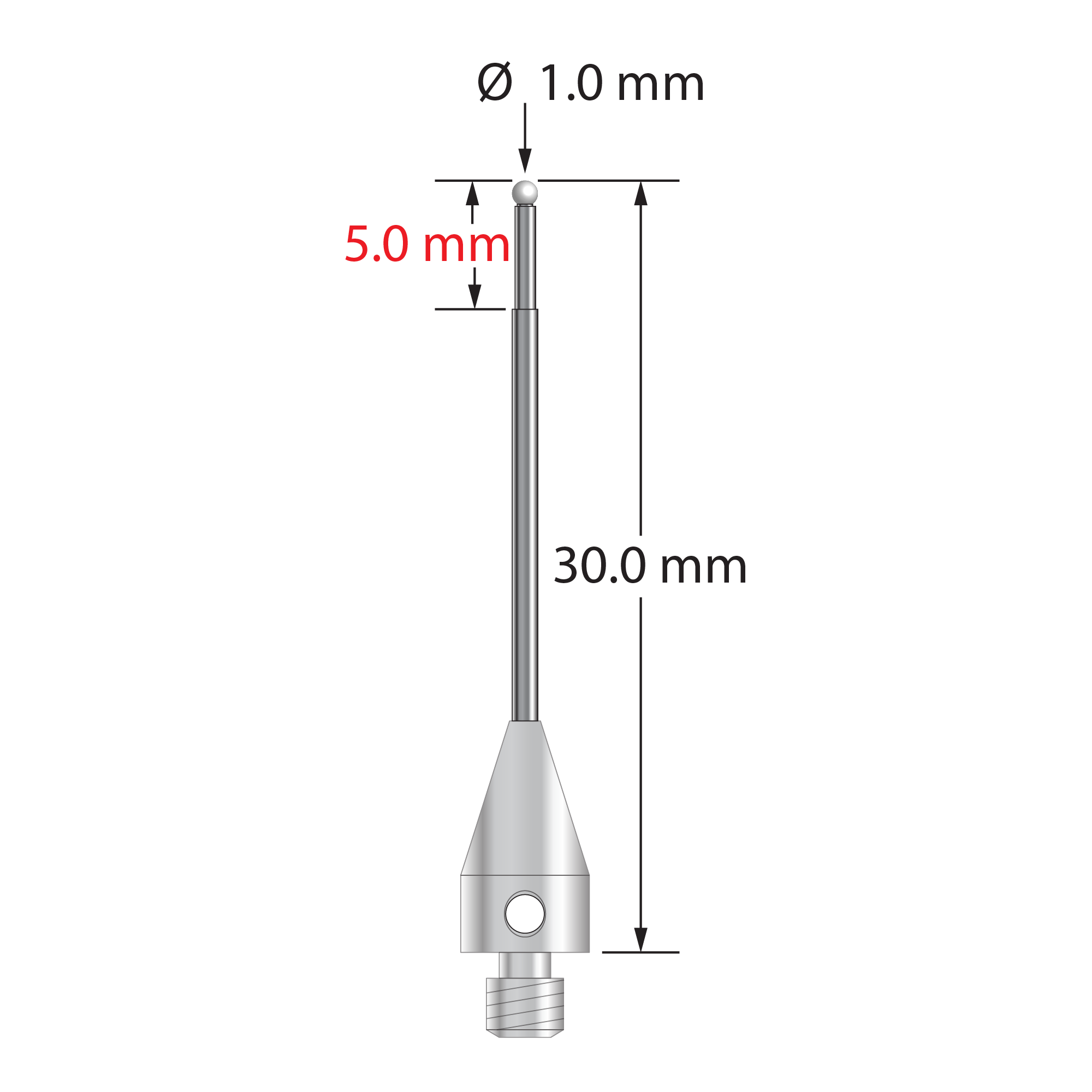 M3 XXT stylus with 1.0 mm diameter zirconia ball, stepped carbide stem, and 5.0 mm diameter x 9.0 mm long titanium base. Minor stem diameter is 0.8 mm; major diameter is 1.0 mm. Overall stylus length is 30.0 mm. Stylus weight is 0.76 gram.