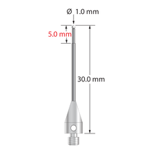 M3 XXT stylus with 1.0 mm diameter zirconia ball, stepped carbide stem, and 5.0 mm diameter x 9.0 mm long titanium base. Minor stem diameter is 0.8 mm; major diameter is 1.0 mm. Overall stylus length is 30.0 mm. Stylus weight is 0.76 gram.