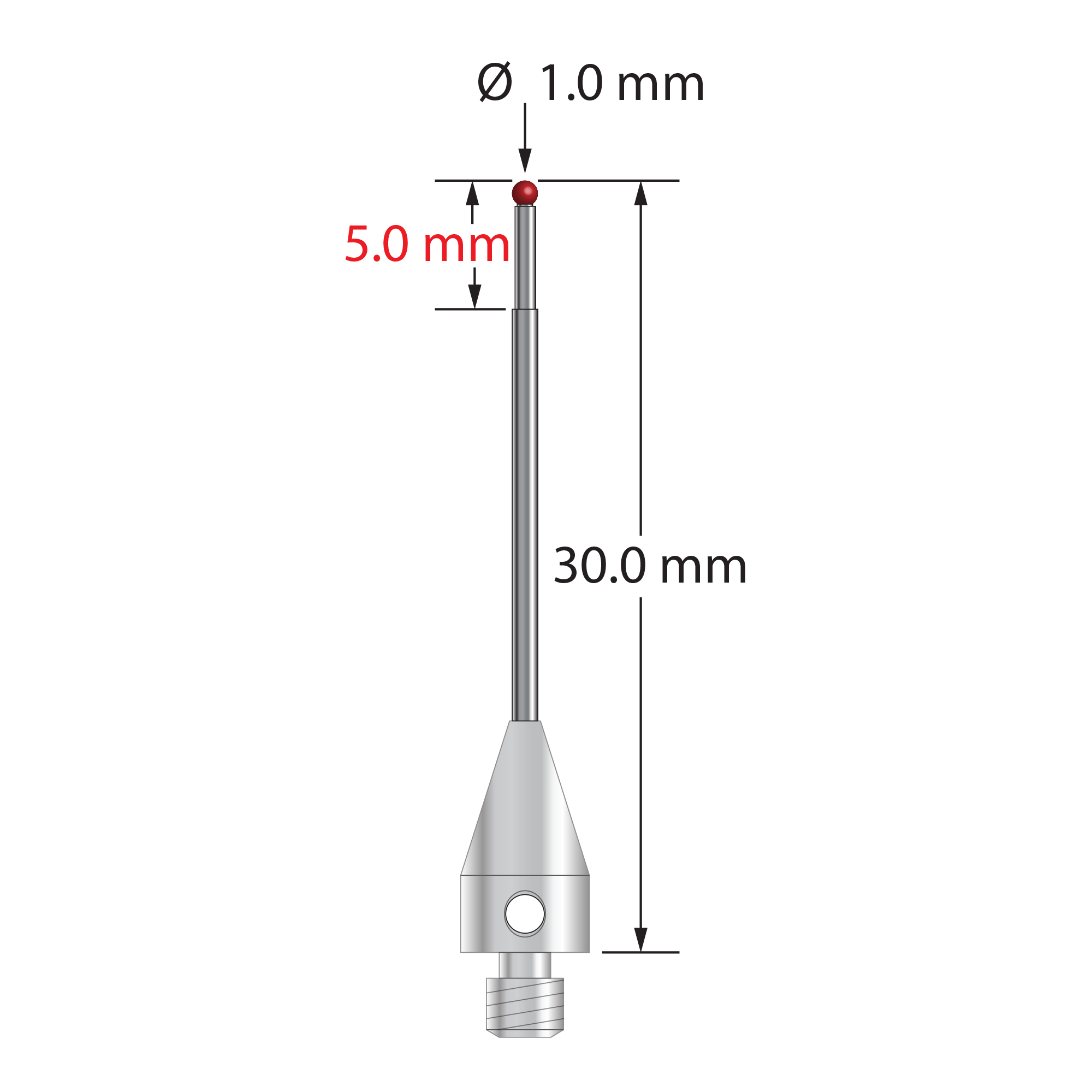 M3 XXT stylus with 1.0 mm diameter ruby ball, stepped carbide stem, and 5.0 mm diameter x 9.0 mm long titanium base. Minor stem diameter is 0.8 mm; major diameter is 1.0 mm. Overall stylus length is 30.0 mm. Stylus weight is 0.76 gram. Compare to Zeiss 626113-0100-030.