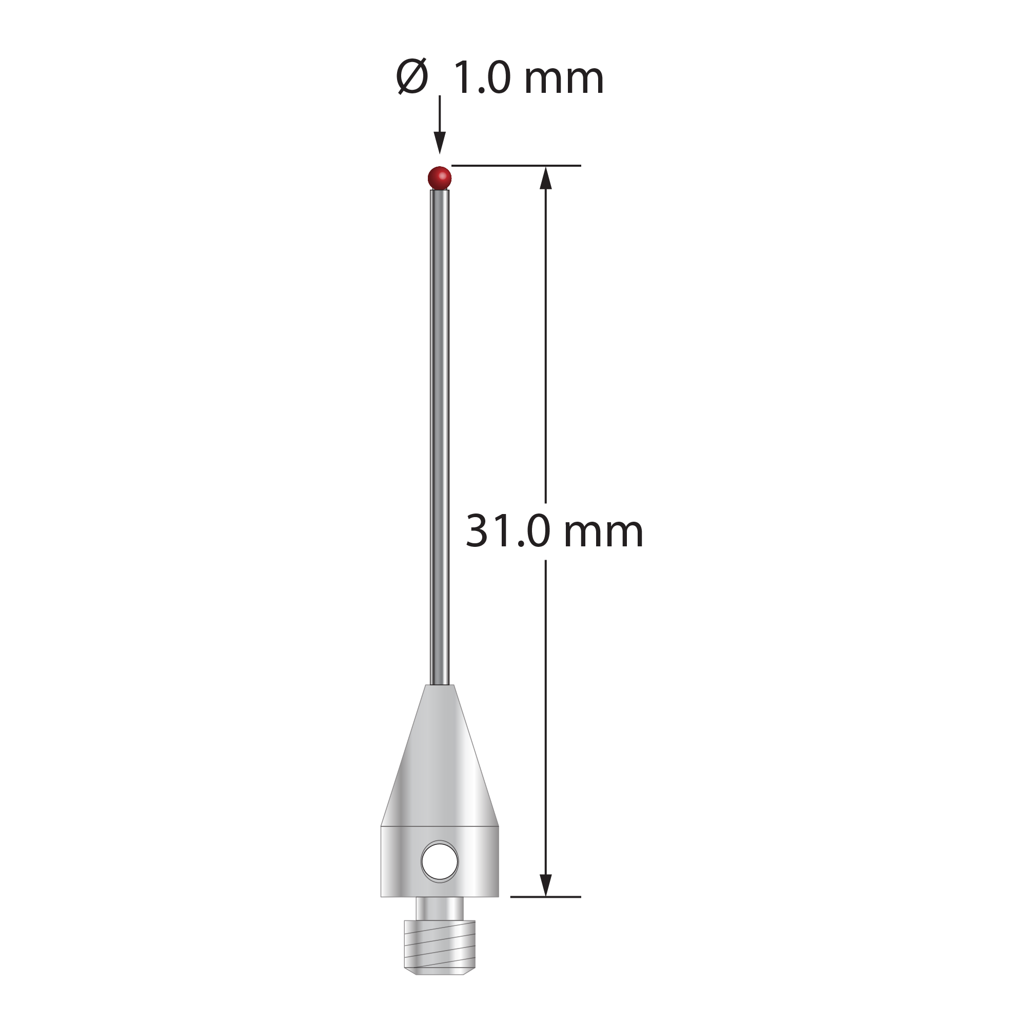 M3 XXT stylus with 1.0 mm diameter ruby ball, 0.8 mm diameter carbide stem, and 5.0 mm diameter x 9.0 mm long titanium base. Overall stylus length is 31.0 mm. Stylus weight is 0.78 gram.