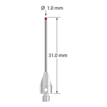 M3 XXT stylus with 1.0 mm diameter ruby ball, 0.8 mm diameter carbide stem, and 5.0 mm diameter x 9.0 mm long titanium base. Overall stylus length is 31.0 mm. Stylus weight is 0.78 gram.
