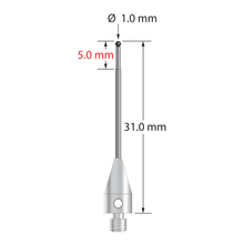 M3 XXT stylus with 1.0 mm diameter silicon nitride ball, stepped carbide stem, and 5.0 mm diameter x 9.0 mm long titanium base. Major stem diameter is 1.0 mm; minor diameter is 0.8 mm. Overall stylus length is 31.0 mm. Stylus weight is 0.77 gram. Compare to Zeiss 626103-0045-031.