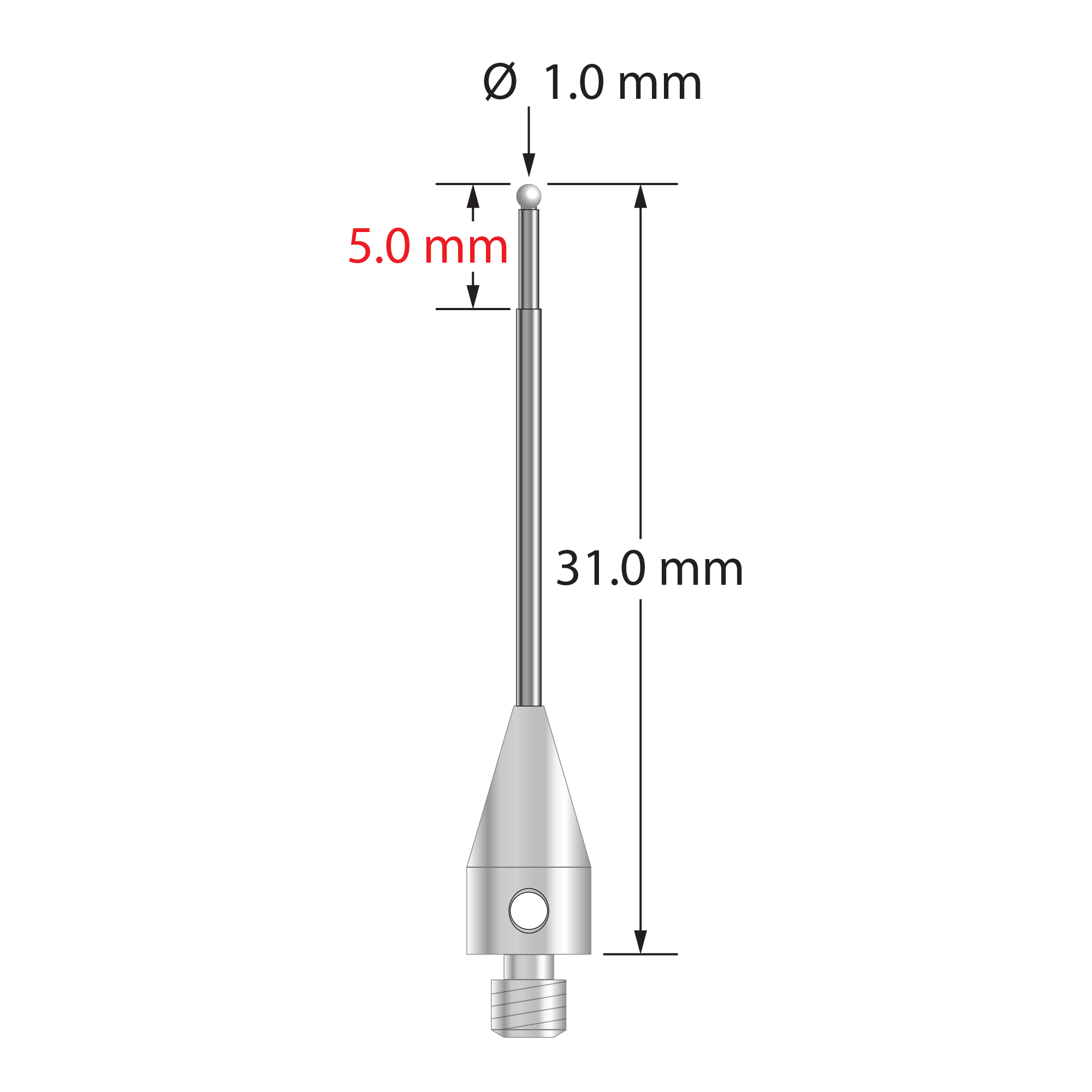 M3 XXT stylus with 1.0 mm diameter zirconia ball, stepped carbide stem, and 5.0 mm diameter x 9.0 mm long titanium base. Minor stem diameter is 0.8 mm; major diameter is 1.0 mm. Stylus weight is 0.77 gram.