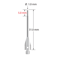 M3 XXT stylus with 1.0 mm diameter zirconia ball, stepped carbide stem, and 5.0 mm diameter x 9.0 mm long titanium base. Minor stem diameter is 0.8 mm; major diameter is 1.0 mm. Stylus weight is 0.77 gram.
