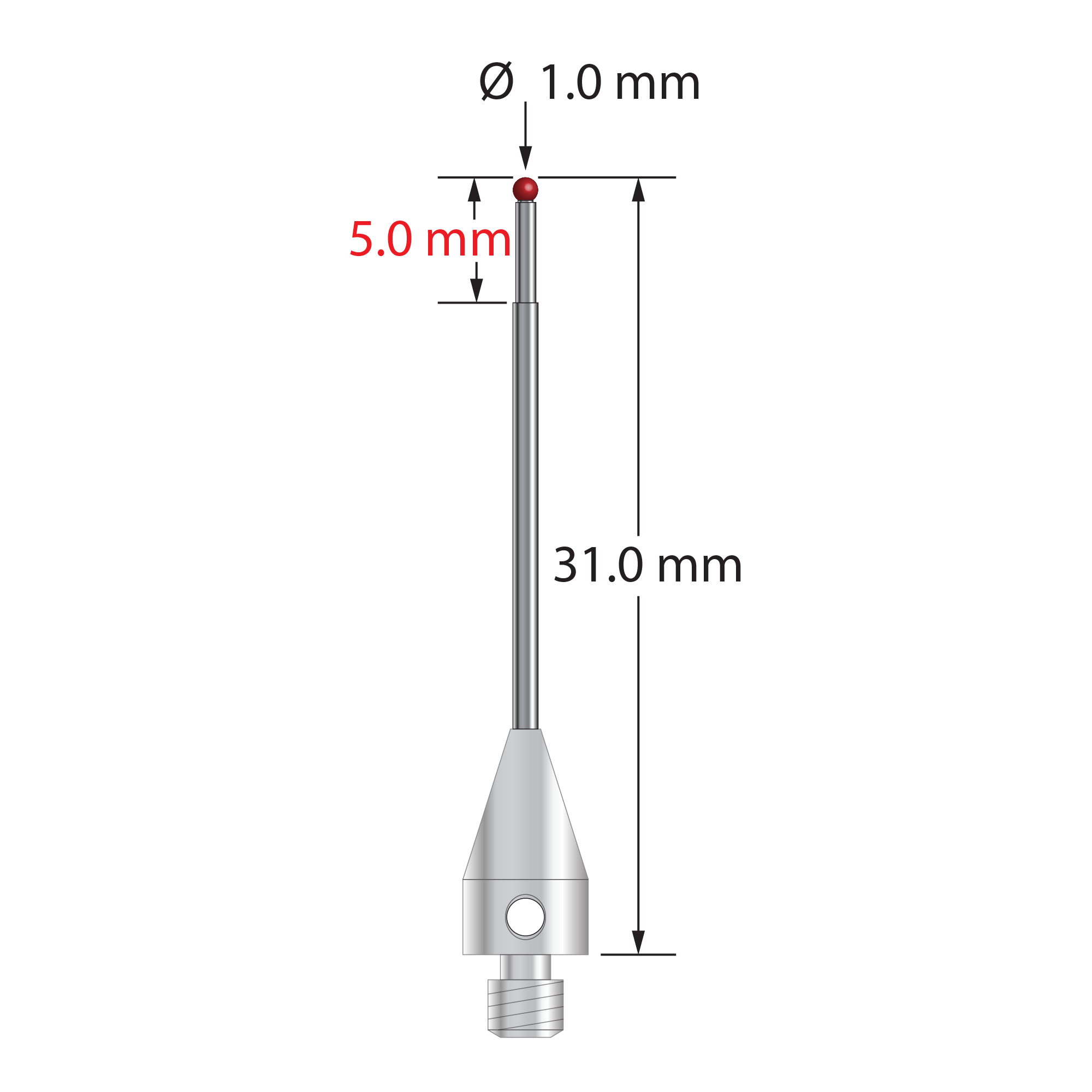 M3 XXT stylus with 1.0 mm diameter ruby ball, stepped carbide stem, and 5.0 mm diameter x 9.0 mm long titanium base. Minor stem diameter is 0.8 mm; major diameter is 1.0 mm. Stylus weight is 0.77 gram. Compare to Zeiss 626103-0044-031.