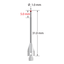 M3 XXT stylus with 1.0 mm diameter ruby ball, stepped carbide stem, and 5.0 mm diameter x 9.0 mm long titanium base. Minor stem diameter is 0.8 mm; major diameter is 1.0 mm. Stylus weight is 0.77 gram. Compare to Zeiss 626103-0044-031.